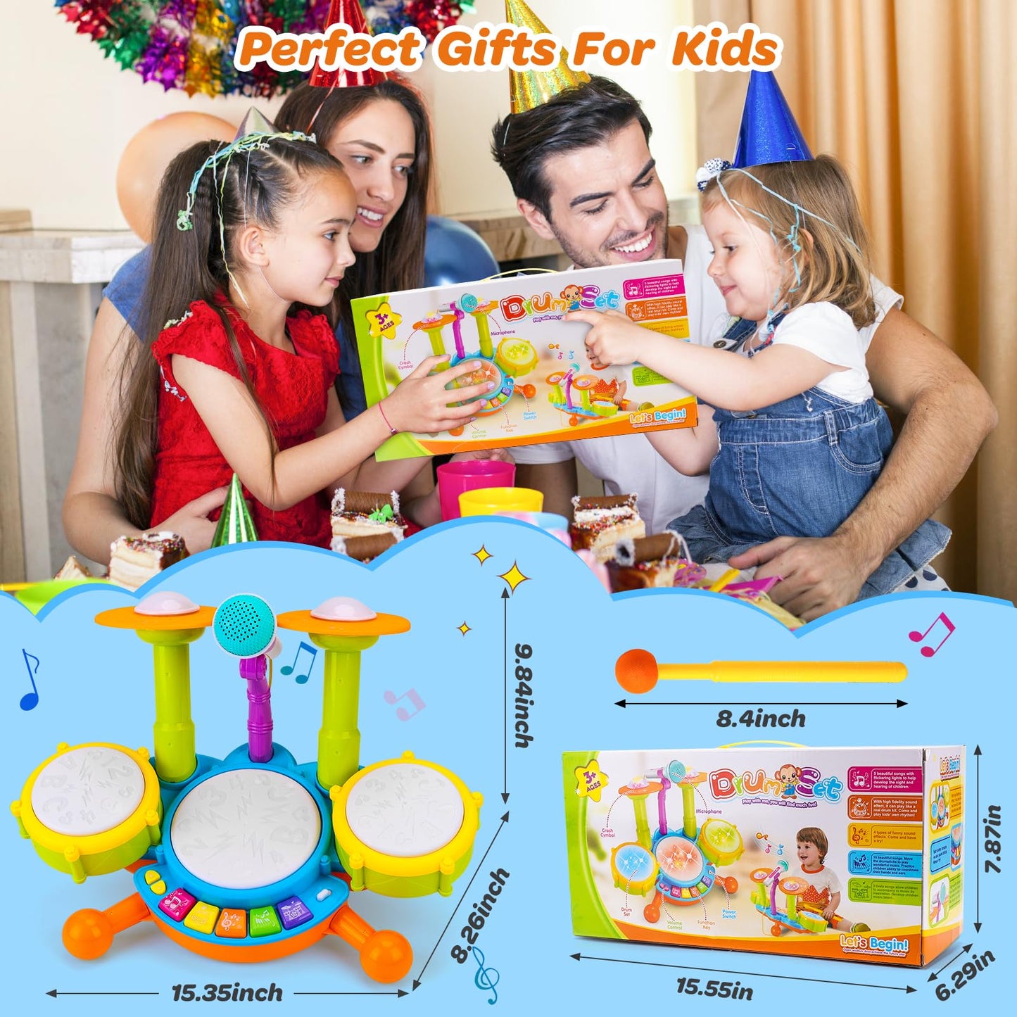 Kids Drum Set for Toddlers 1-3 Musical Baby Toys for 1 Year Old Boy Gifts Montessori Baby Girl Toys with Microphone Light Up Learning Toys Birthday Gifts for Infants 6 9 12 18 Months Toddler Age 1-2