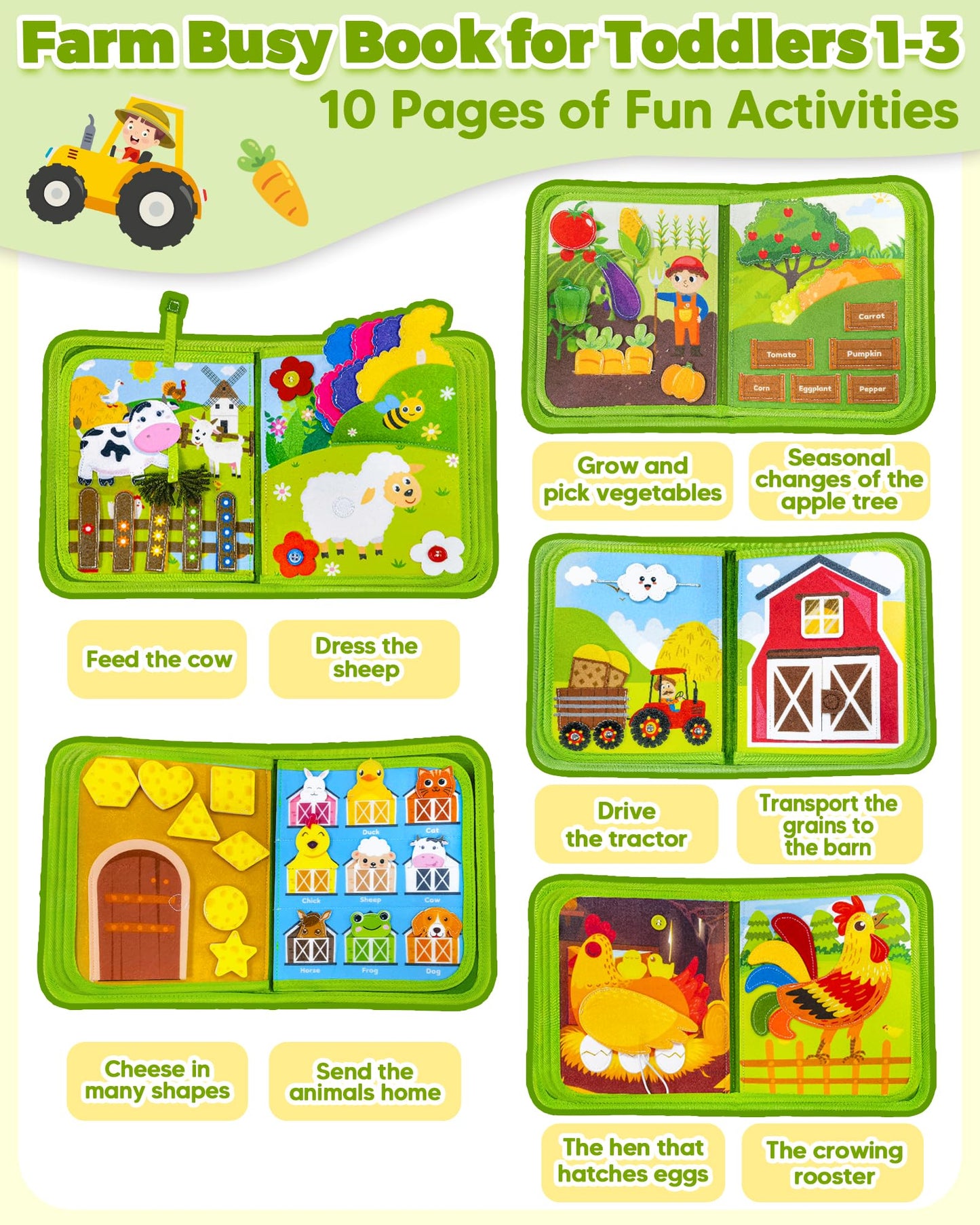 Busy Book for Toddlers 1-3, Montessori Toys for 1 2 Year Old Boy Girl Birthday Gifts, Busy Board Educational Learning Toys for 1+ Year Old, Toddler Airplane Travel Toy Farm Animals Activity Books