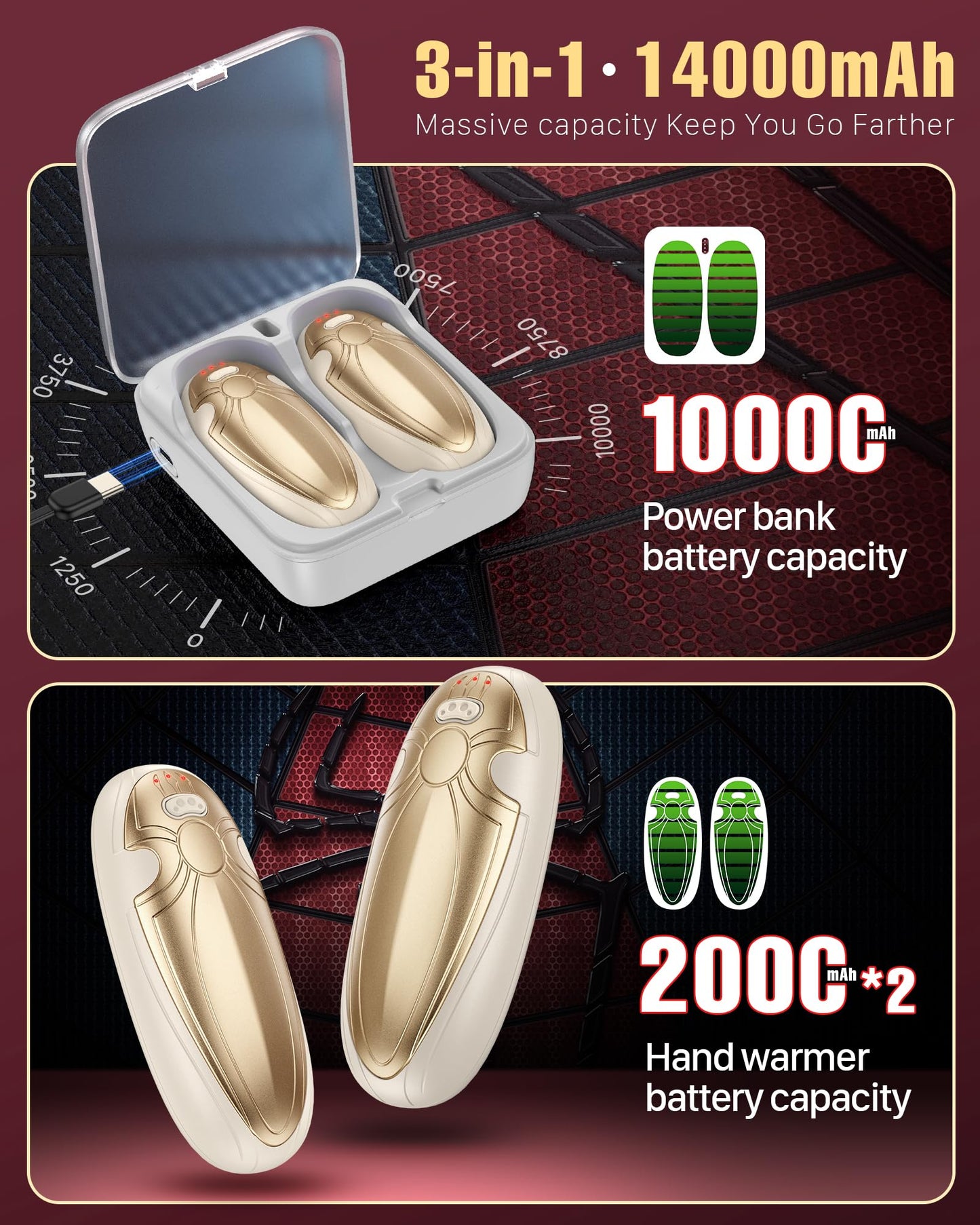 Tenvolti Hand Warmers Rechargerable 2 Pack - 14000mAh Electric AI Handwarmers with Charging Case, Magnetic 2 in 1 Pocket Heater, Gifts for Women/Men/Golf/Hunting/Travel/Camping Accessories