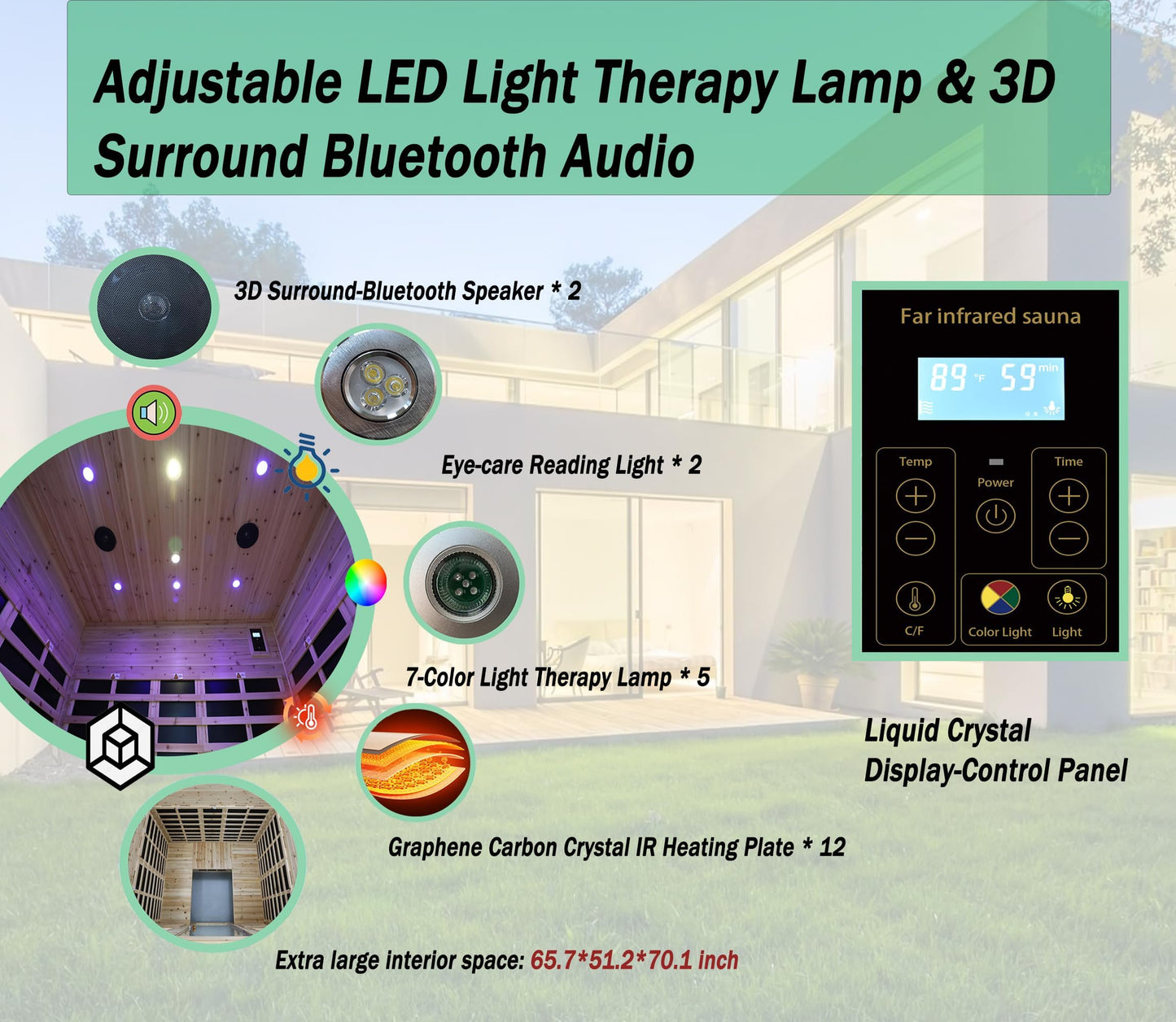 LTCCDSS 5-Person Low EMF Outdoor Far Infrared Sauna - Vast Interior- Hemlock Wood Sauna for Home - Bluetooth Speakers, Reading Lamps, Chromotherapy Lights, (Bundled Steam Sauna) 81.1 * 60.6 * 83.5 in