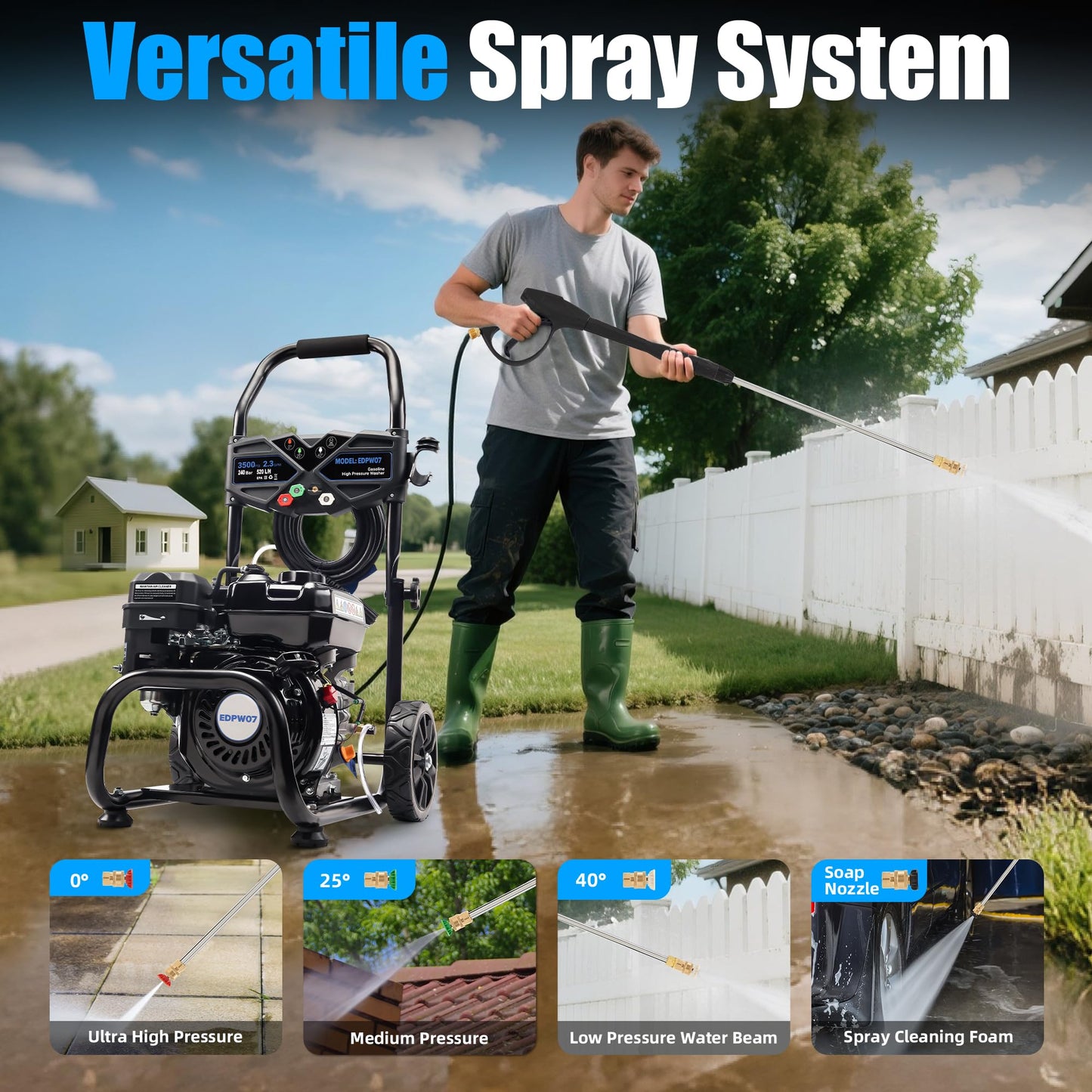 Ezasin Gas Pressure Washer 3500 PSI, 2.3 GPM Heavy Duty High Power Washer,209CC 7HP Engine with 25Ft Pressure Hose, Axial Aluminum Pump, Soap Tank, 4 Quick Connect Nozzle (Black)