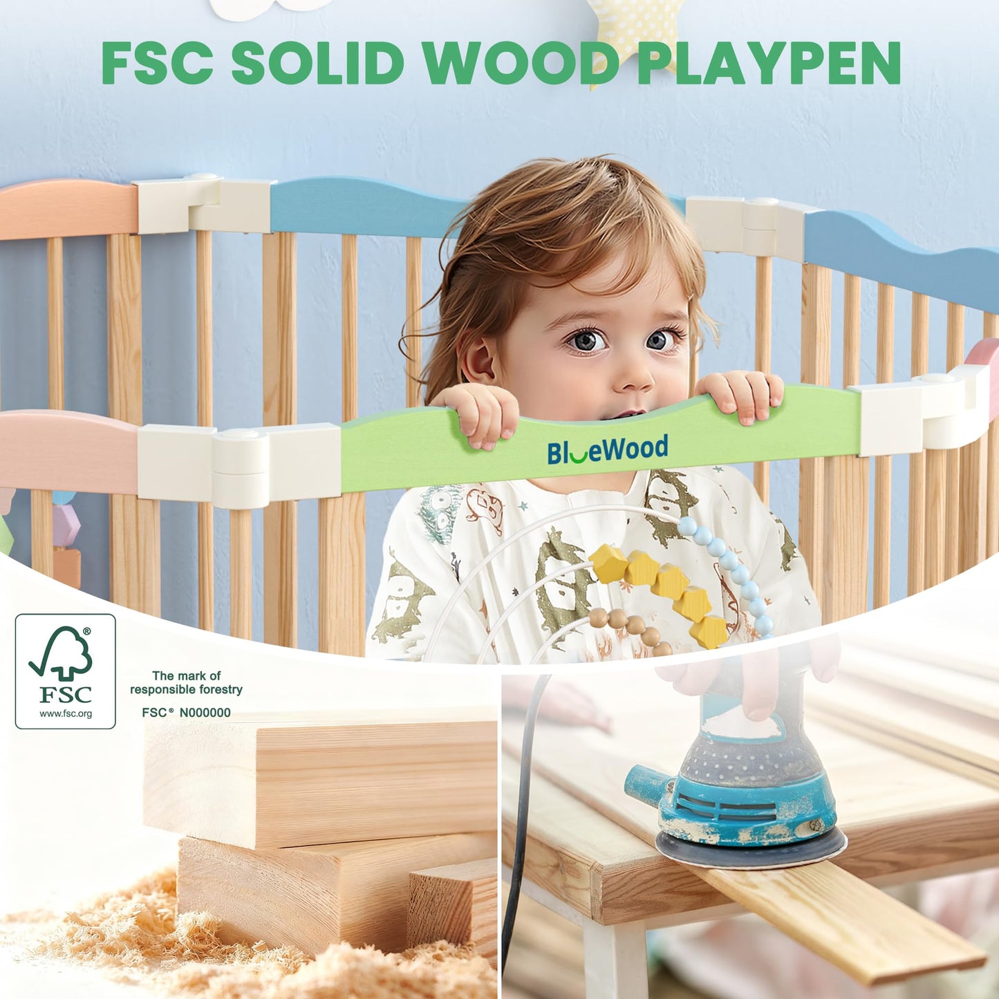Foldable Wooden Baby Playpen - Adjustable Wood Play Yard, Indoor Large Safety Fence for Babies and Toddlers - Built-in Toys Design, 45 x 45 x 24 inches, Colorful Dream