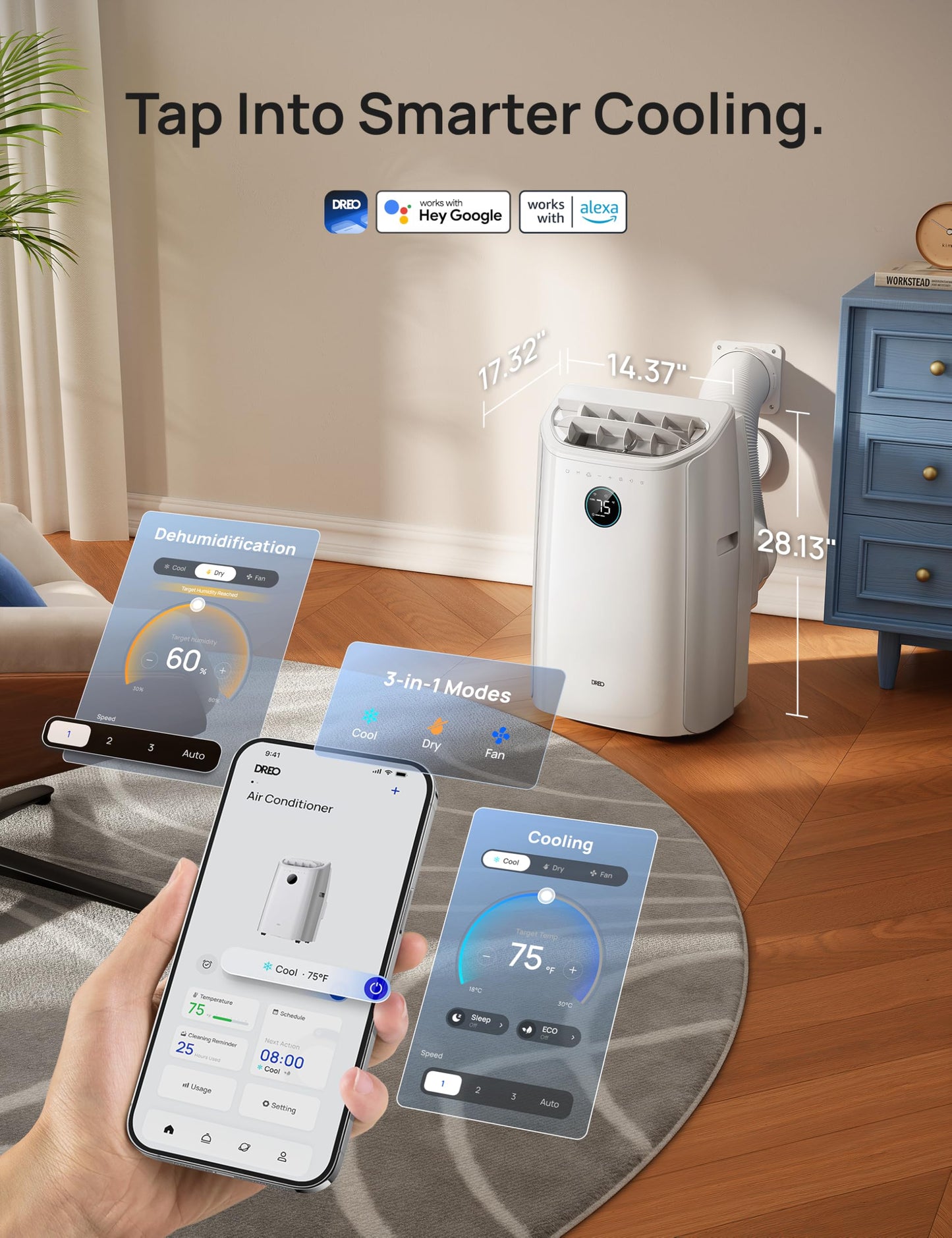 DREO Portable Air Conditioners, 12000 BTU ASHRAE (8000 BTU DOE) Smart AC Unit for Room with Drainage-free Cooling, APP/Voice/Remote, Fan & Dehumidifier, Quiet Standing AC for Bedroom, AC515S, White