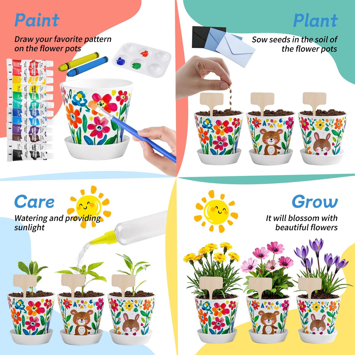 Kids Gardening Set Paint and Plant Flower Gardening Kit with 3 Pots, Kids Garden Flower Growing Kit Arts and Crafts Toys Gifts for Girls Boys Children Toys Gift for Girls Boys Ages 5 6 7 8 9 10 11 12