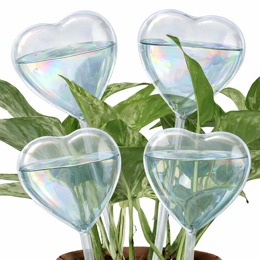 KH866 Heart Plant Water Globe, 4 Pcs Set Iridescent Glass Self Watering Bulbs, Heart Shaped Waterer Dripper for Indoor Plants, Outdoor Flowers, Planter Insert Garden Device for Pots