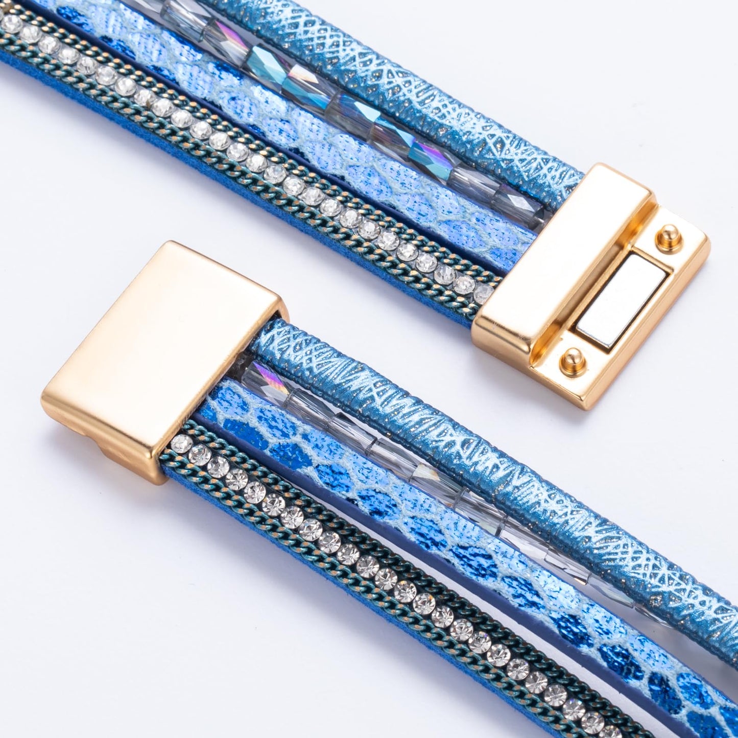 FANCY SHINY Boho Leather Wrap Bracelet Stackable Chunky Crystal Cuff Bracelets with Magnetic Clasp Cowboy Cowgirl Western Summer Beach Outfits Jewelry Gifts for Women (7.7", Royal Blue)