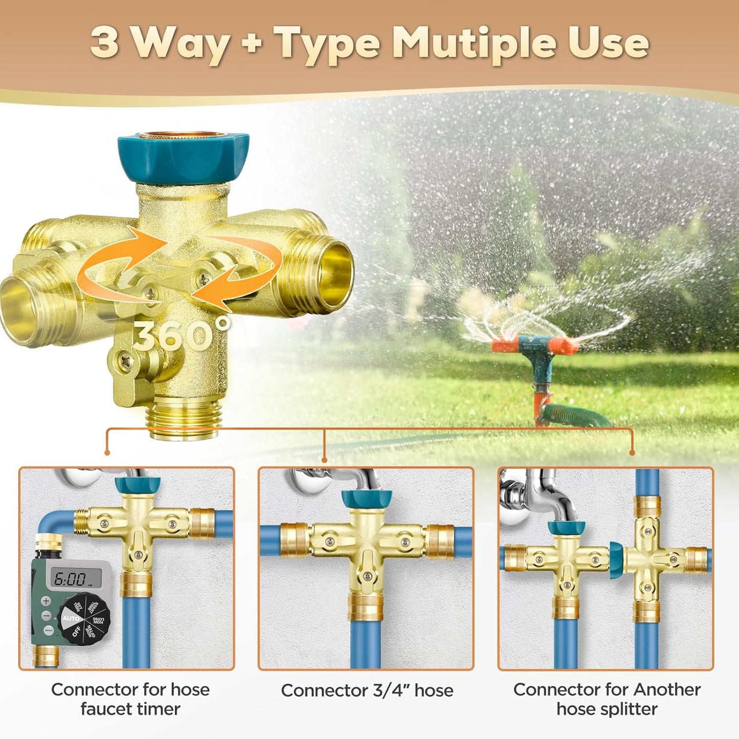 IPOW 3 Way 1.2MPa High Flow Heavy Duty Garden Hose Splitter, 3/4" Spigot Faucet Connectors with 6 Rubber Hose Washers and Comfort Grip Use, Hose Pipe Tap Splitter for Garden Outdoor Home