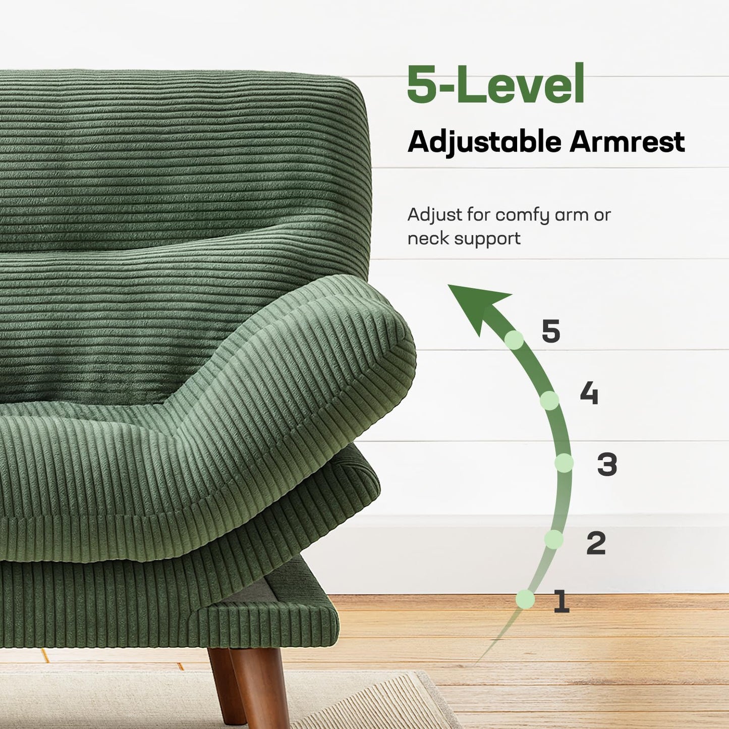 Marsail Futon Sofa Bed, 66” Futon Couch with Adjustable Backrest & Armrests, Convertible Small Sleeper Sofa Bed for Small Apartments, Study Room, Office, Corduroy Loveseat, Olive Green