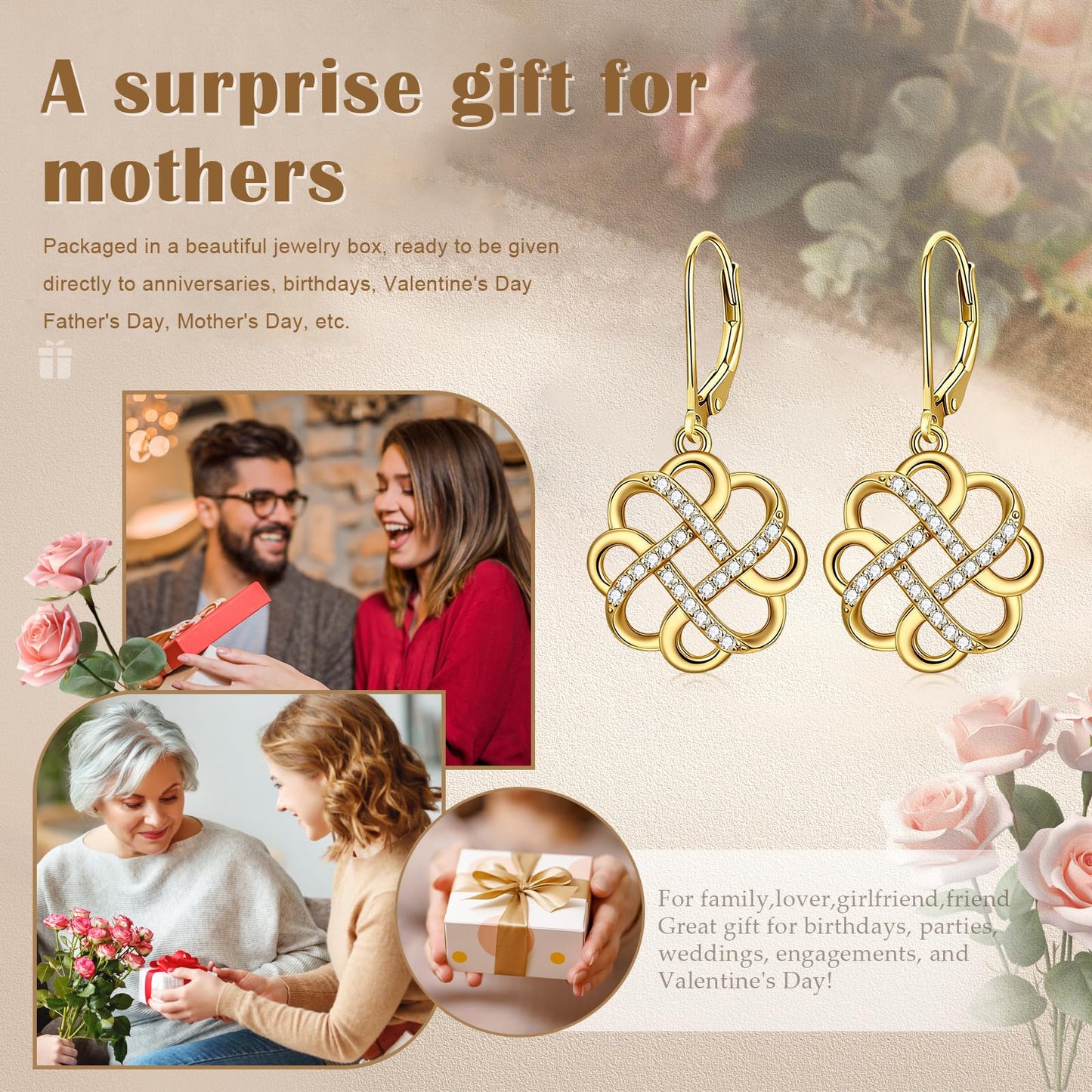 XPYPZP Celtic Knot Earrings Irish Gift for Women 14K Gold Love Celtic Dangle Drop Leverback Earrings Elegant Irish Jewelry Mothers Day Gifts for Mom Wife Girlfriend Her