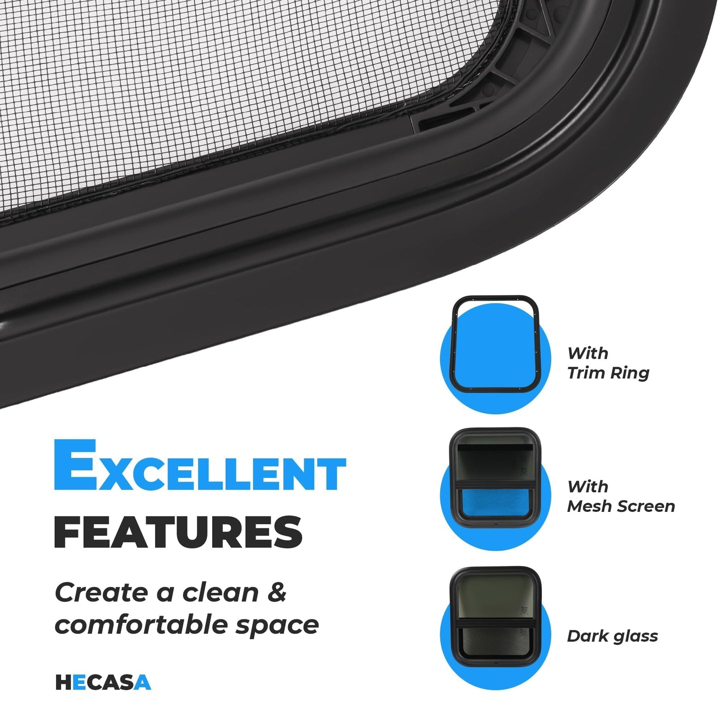 HECASA RV Sliding Window 17.5" X 15.5" w/Mesh Screen & Trim Ring For Vertical Trailers, Motor Homes, Engineering Vehicles Side Window Replacement Tempered Glass Aluminium Black 2Pcs
