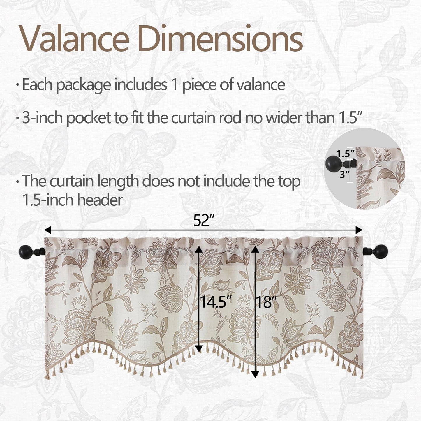 Ebesto Scalloped Valance for Windows - Faux Linen Textured Short Kitchen Valance with Tassels, Farmhouse Floral Printed Small Window Curtains for Bathroom Basement RV, 1 Piece, 52Wx18L Inches, Taupe