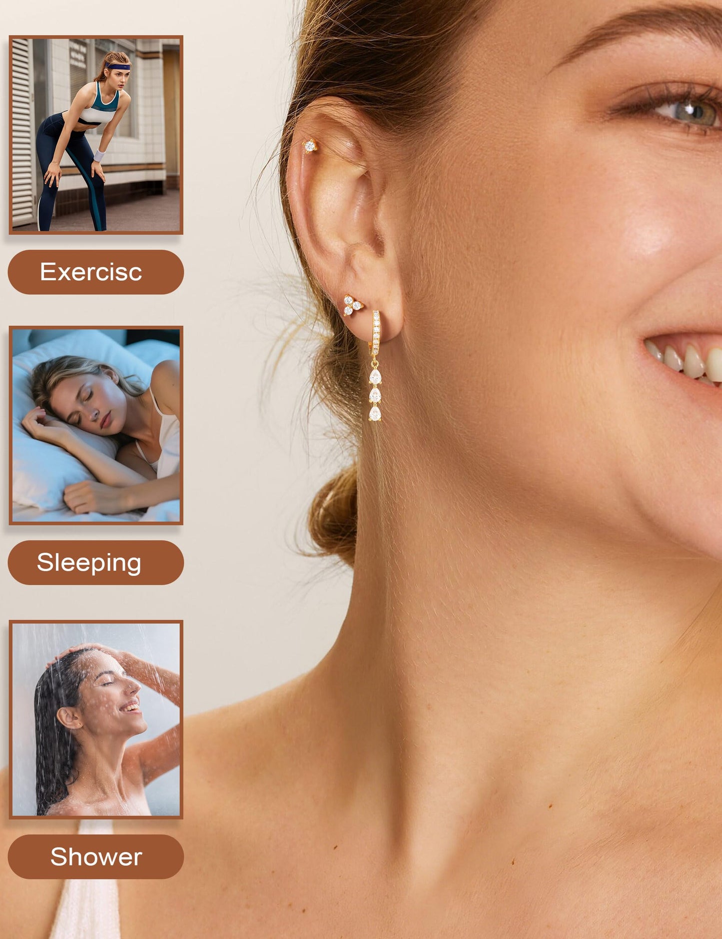 M MOOHAM Gold Dangle Earrings for Women, Drop Dangling Earrings Stacks Set Dainty 14K Gold Plated Hypoallergenic Cubic Zirconia CZ Hoop Earring Flat Back Stud Cartilage Earring Jewelry Bridesmaid Gift