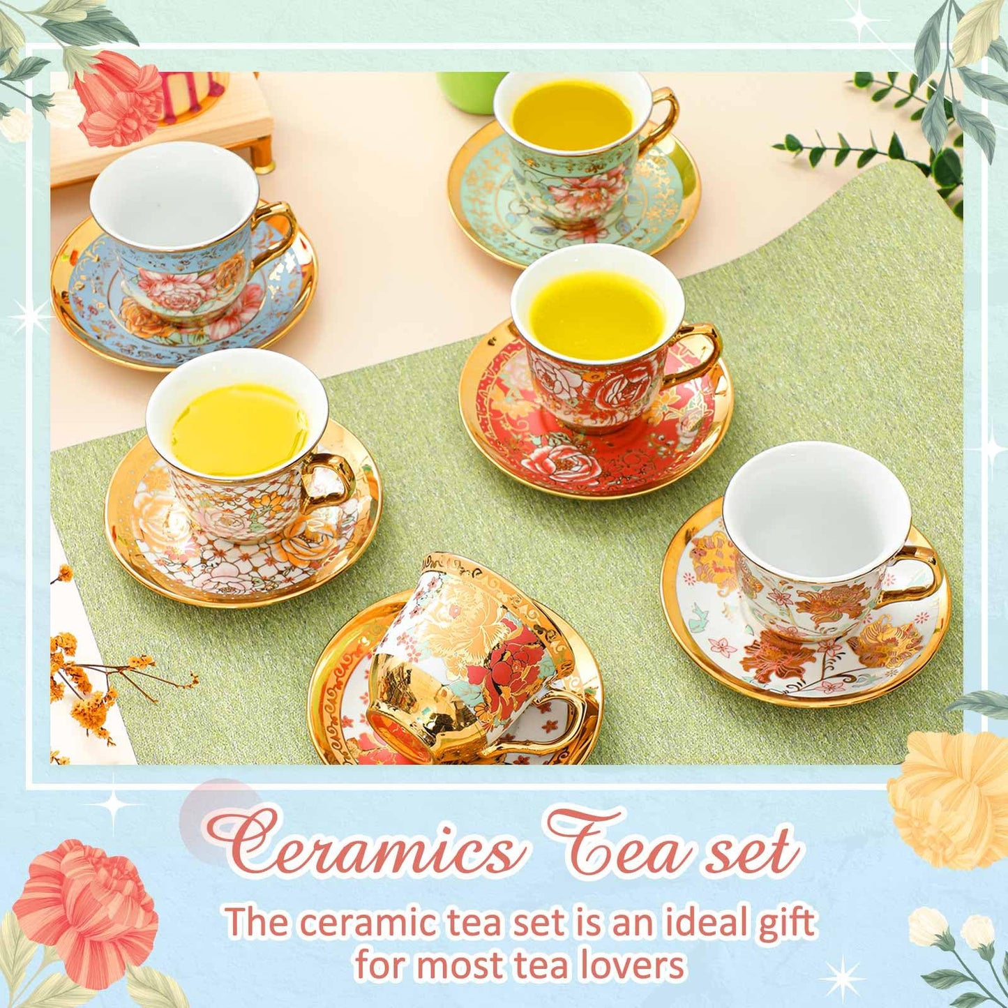 Teenyyou Set of 12 Tea Cups and Saucers Tea Party Decorations Floral Porcelain 7.4 oz British Gift for Women Birthday Party, Church, and Mother's Day (Stylish Style)