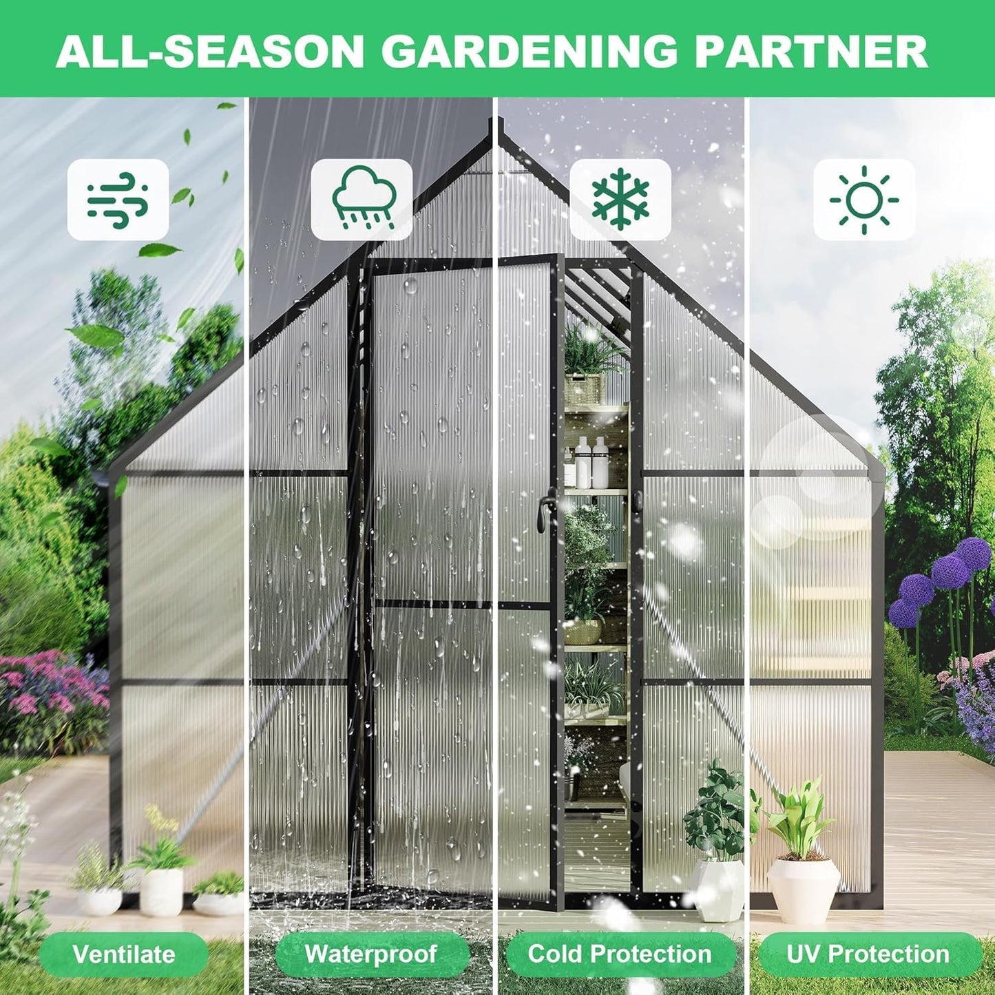 8x12 FT Aluminum Framed Polycarbonate Greenhouse for Outdoors, UV-Blocking Panels, Heavy Duty Structure, Roof Vent, Easy Setup, All-Season Garden Kit