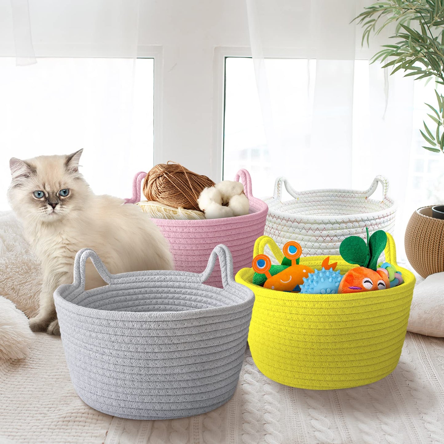 Cafshion Small Cat Ears Toy Organizer, Woven Cotton Rope Basket, Decorative Nursery Bins & Boxes Gift Basket Empty for Baby Pet Toy Storage