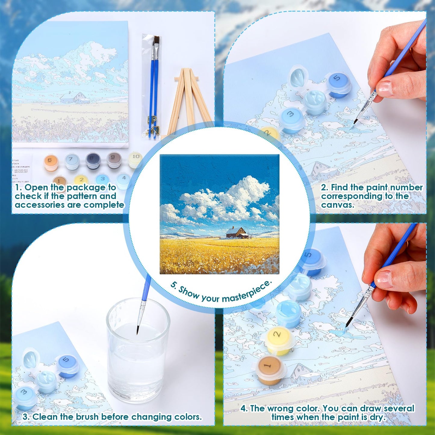 RoundFunny 8 Set Paint by Numbers Kit for Adults with 8x8 Inch Mini Simple Painting Canvas Wooden Frame Easel Acrylic Paints Brushes Funny Numbers Drawing Kit for Gift Home Wall Decor(Landscapes)
