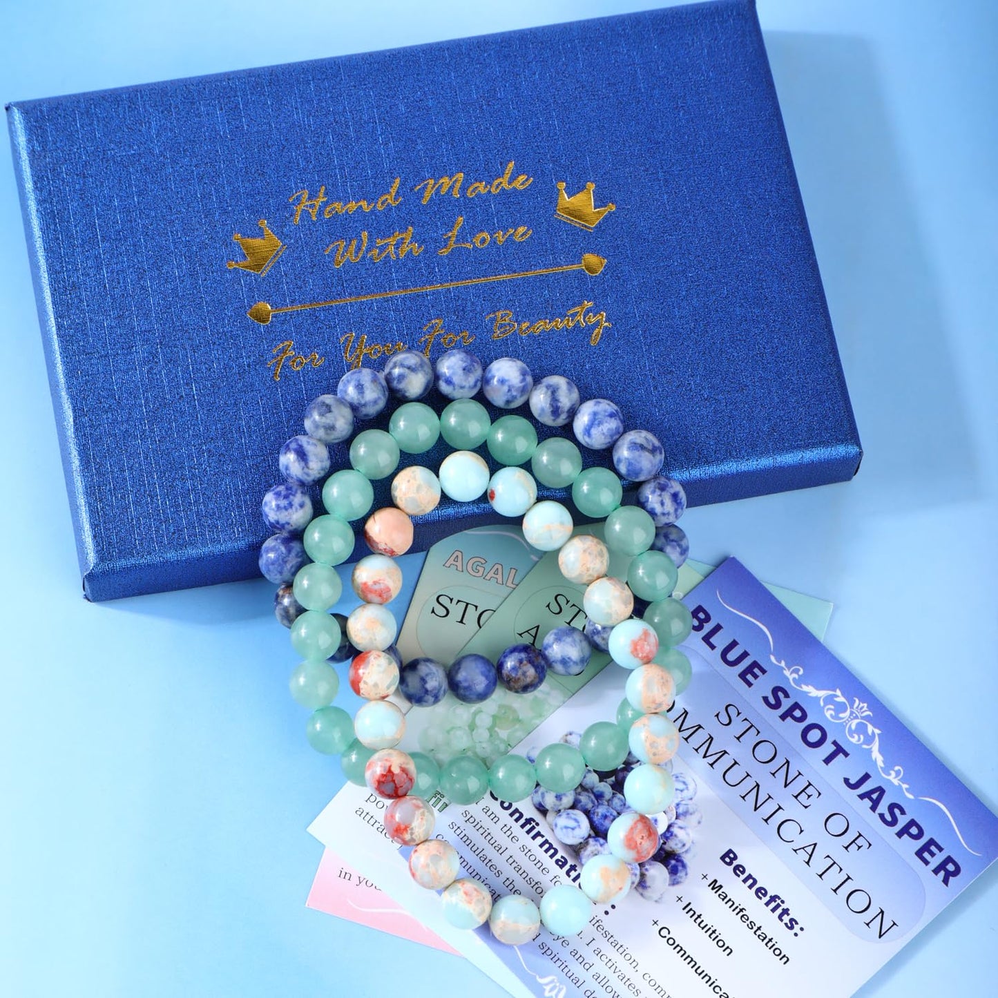CMBYN 3-Pieces 8mm Natural Crystal Gemstone – ﻿Agalmatolite Jasper, Blue Spot, Green Aventurine Handmade Reiki Energy Healing Stretch Bracelets Jewelry for Yoga, Meditation, Unisex