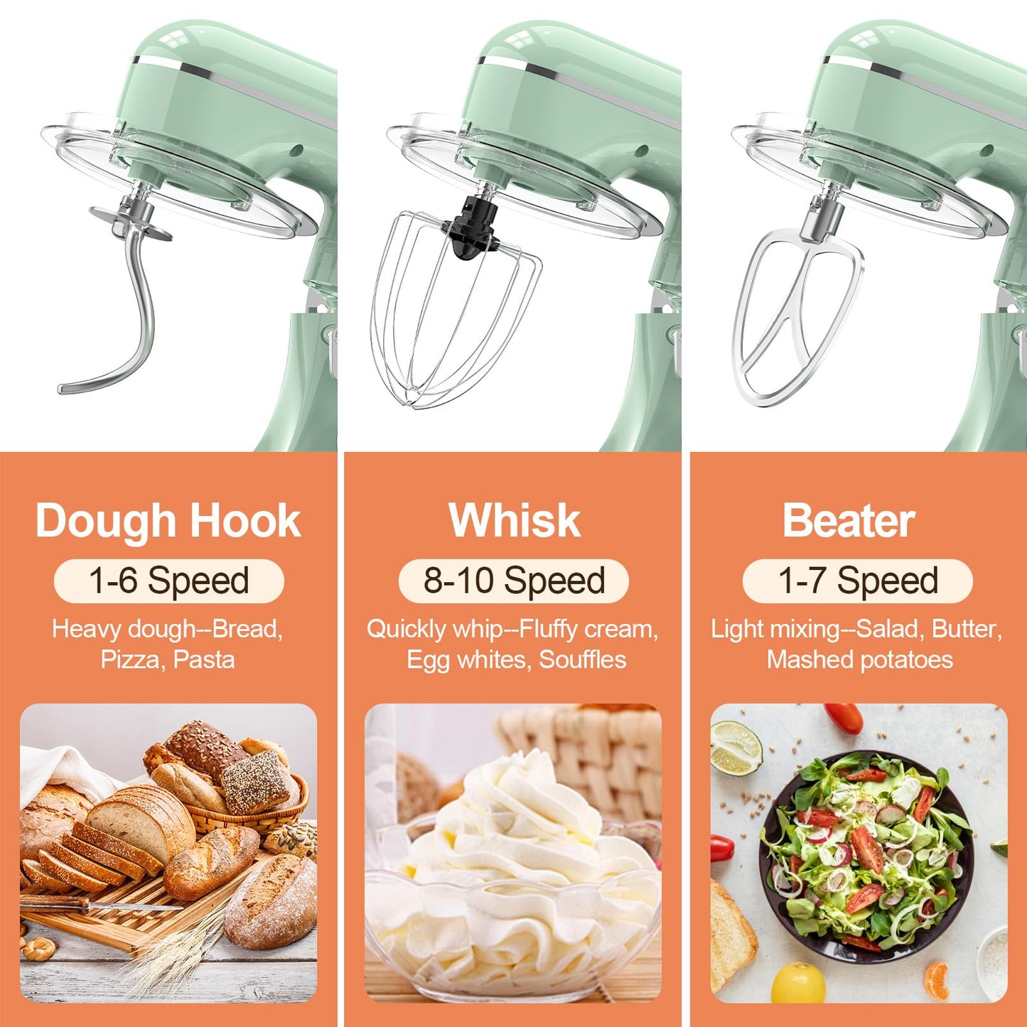 CEBORY 3-IN-1 Electric Stand Mixer, 6.5QT Bowl 660W 10-Speed Kitchen Mixer, Household Food Mixers include Dough Hook, Beater and Whisk, Bread Cake Mixer for Baking and Most Home Cooks, Agave Green