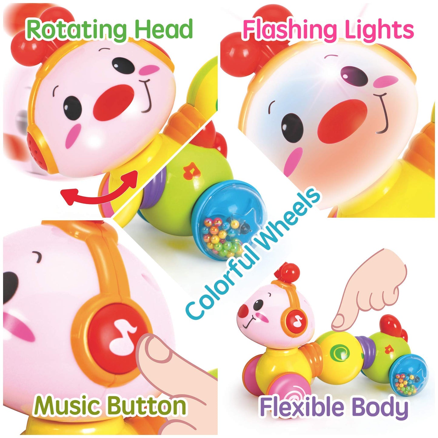 Stone and Clark Musical Press & Go Caterpillar Toy, Baby Toys 6 to 12 Months, Light Up Head Inchworm Infant Toys, Baby Crawling & Educational Toys for 1 Year Old Boys & Girls