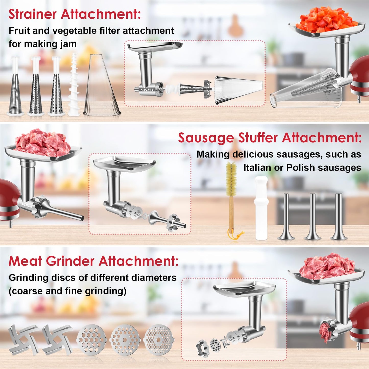 Fruit & Vegetable Strainer Attachment and Food Meat Grinder Attachment for Kitchenaid Stand Mixer with Sausage Stuffer Tubes and Fruits Juicer Auger Strainer