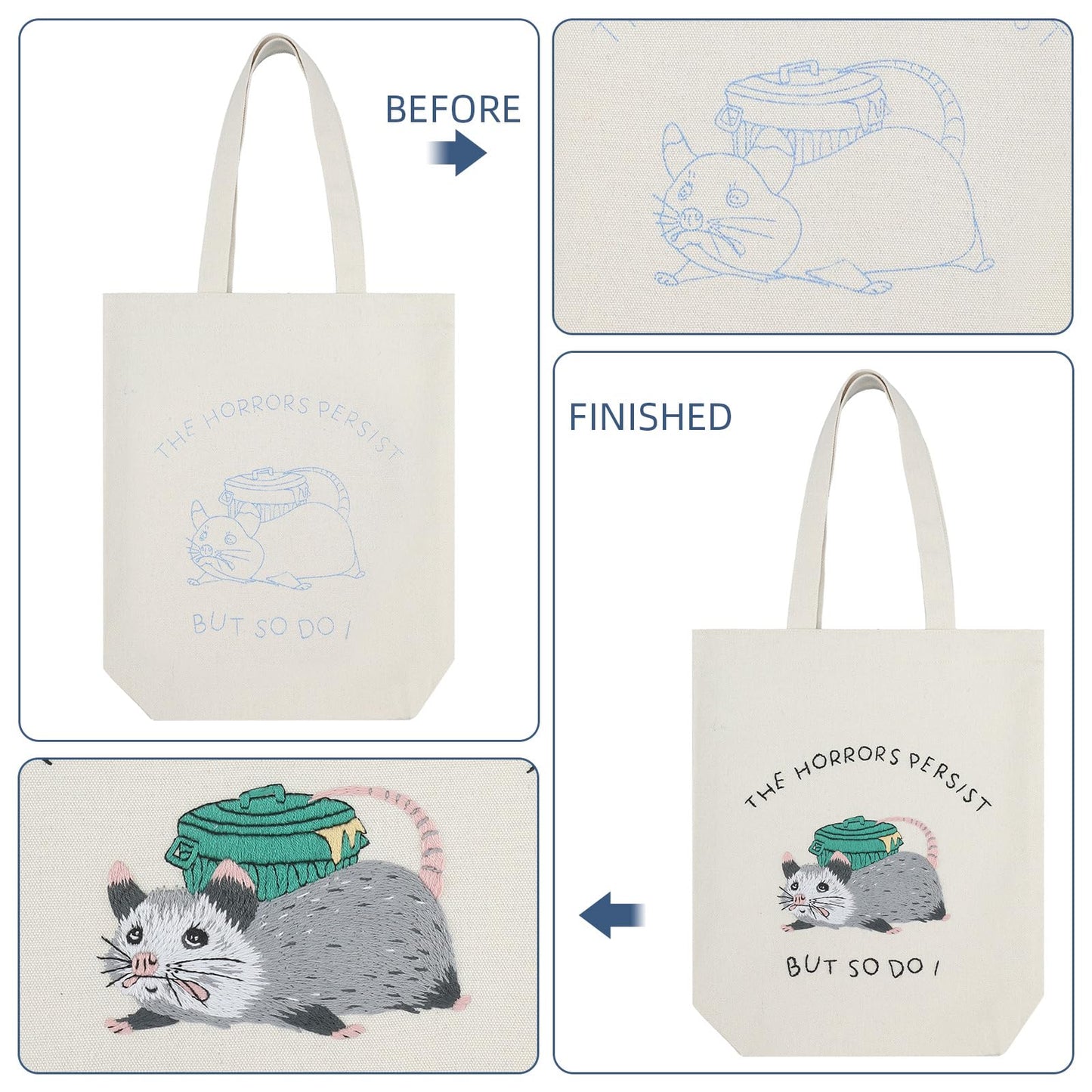 Sadnyy Possum Canvas Tote Bag Opposum Embroidery Kit for Beginners Cross Stitch Kits with Needles Thread Instruction for Adults Arts DIY Crafts Possum Needlepoint Women Shopping Reusable Grocery Bags