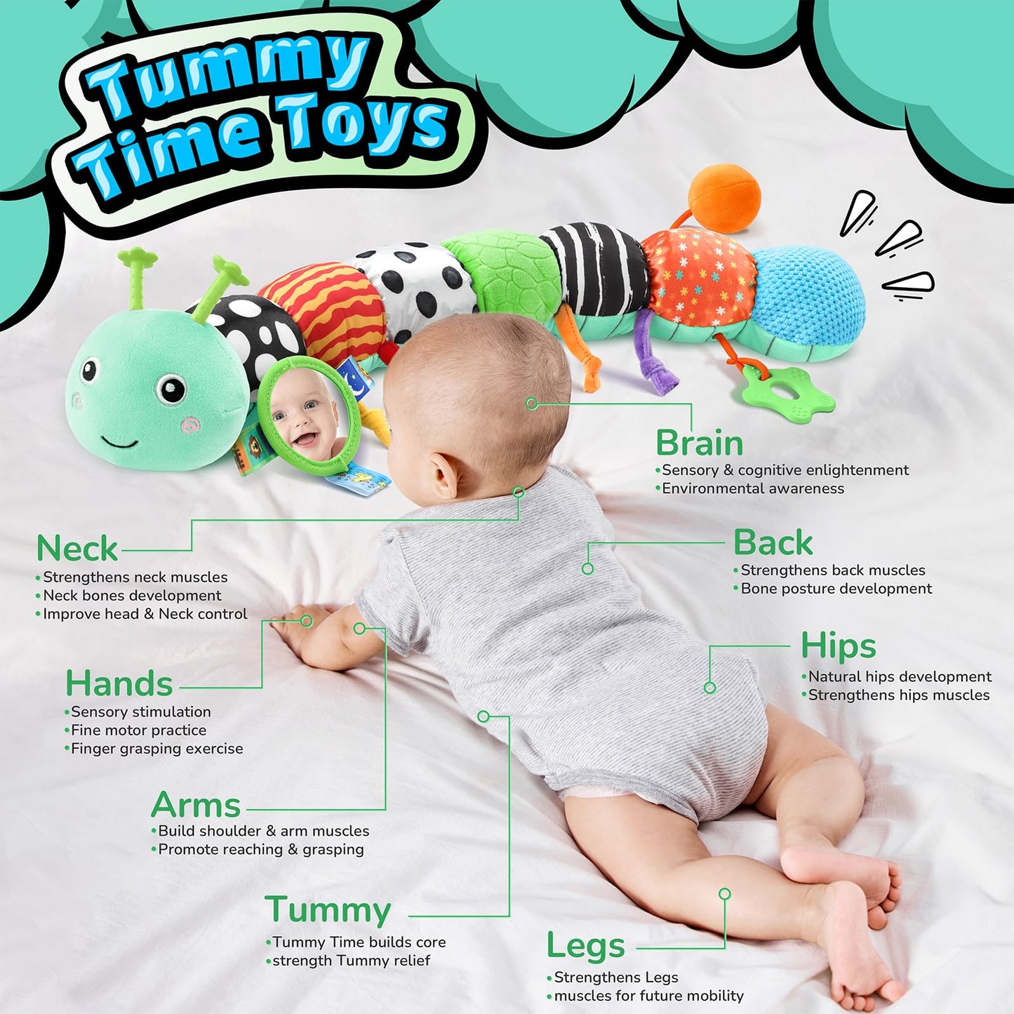 LIGHTDESIRE Baby Toys 6-12 Months Musical Caterpillar,Infant Toys 0-6 Months Sensory Toy with Ruler Design,Mirror,Pull String,Crinkle&Rattles,Baby Teething Toy for Tummy Time Boy Girl Gifts (Ice Blue)