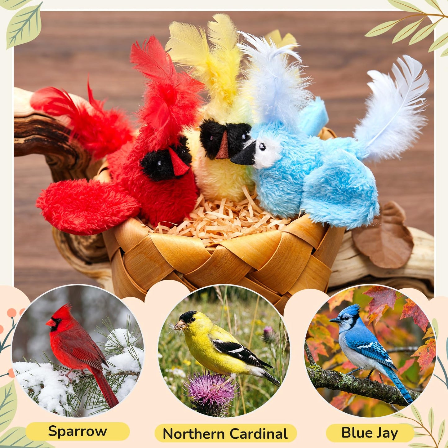 SilTriangle 3 Pcs Bird Cat Toy with Chirping Sound, 3.15 Inch Interactive Exercise Toy with Lifelike Bird Chirp, Red Cardinal Blue Jay Goldfinch for Indoor Bored Cats Kittens, Gifts for Valentines Day