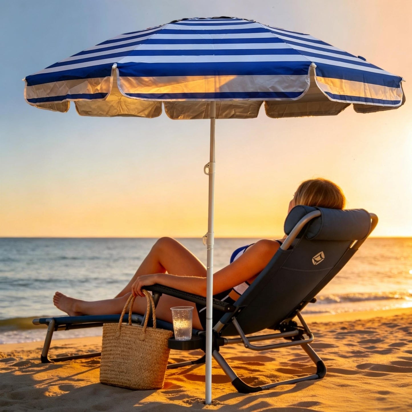 LOTTAFUN 6ft Beach Umbrella - Heavy Duty Wind Resistant UV 50+ Portable Sun Shade with Sand Anchor & Carry Bag, Outdoor Folding Umbrella for Beach, Pool, Patio, Garden (Blue strip) No Tilt