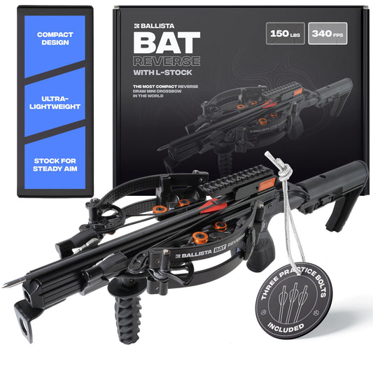 BALLISTA BAT Reverse L-Stock Draw Compound Crossbow for Hunting, Fishing and Target - Fast 340 fps, Powerful 150 lbs, Lightweight 4 lbs