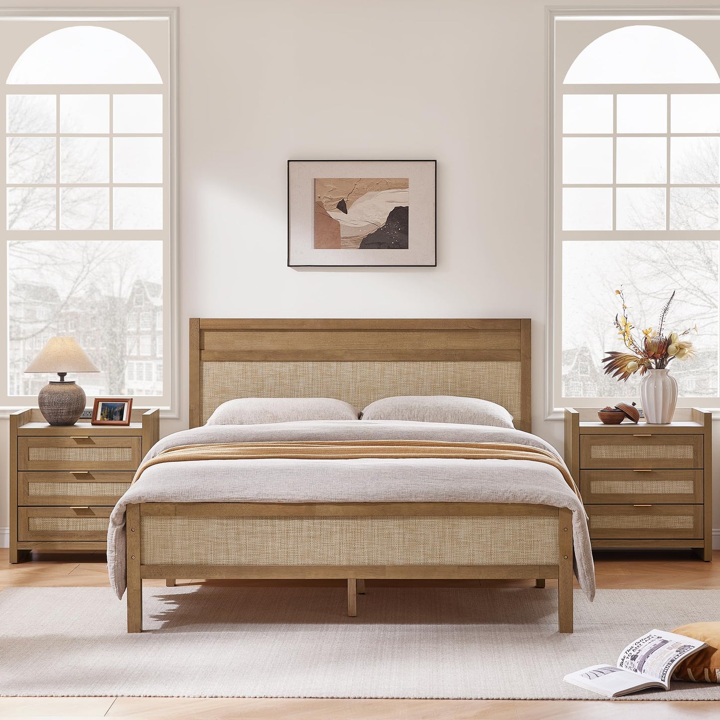 SICOTAS Rattan Queen Bed Frame with Tall Headboard, 15 Inch Natural Solid Wood Platform Bed Boho Bedframe with Wooden Slats Support & Under Bed Storage, Noise Free, Easy Assembly, Oak