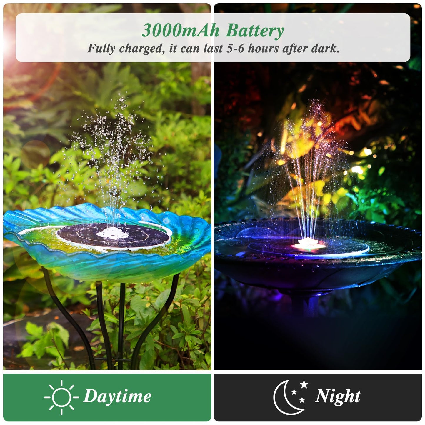 AISITIN 6.5W Solar Fountain Pump with Colorful LED Lights, 3000mAh Battery, Anti-Drift Brackets, 10 Nozzles, Remote Control, Solar Powered Bird Bath Fountain for Outdoor Garden Pond Fish Pond Backyard