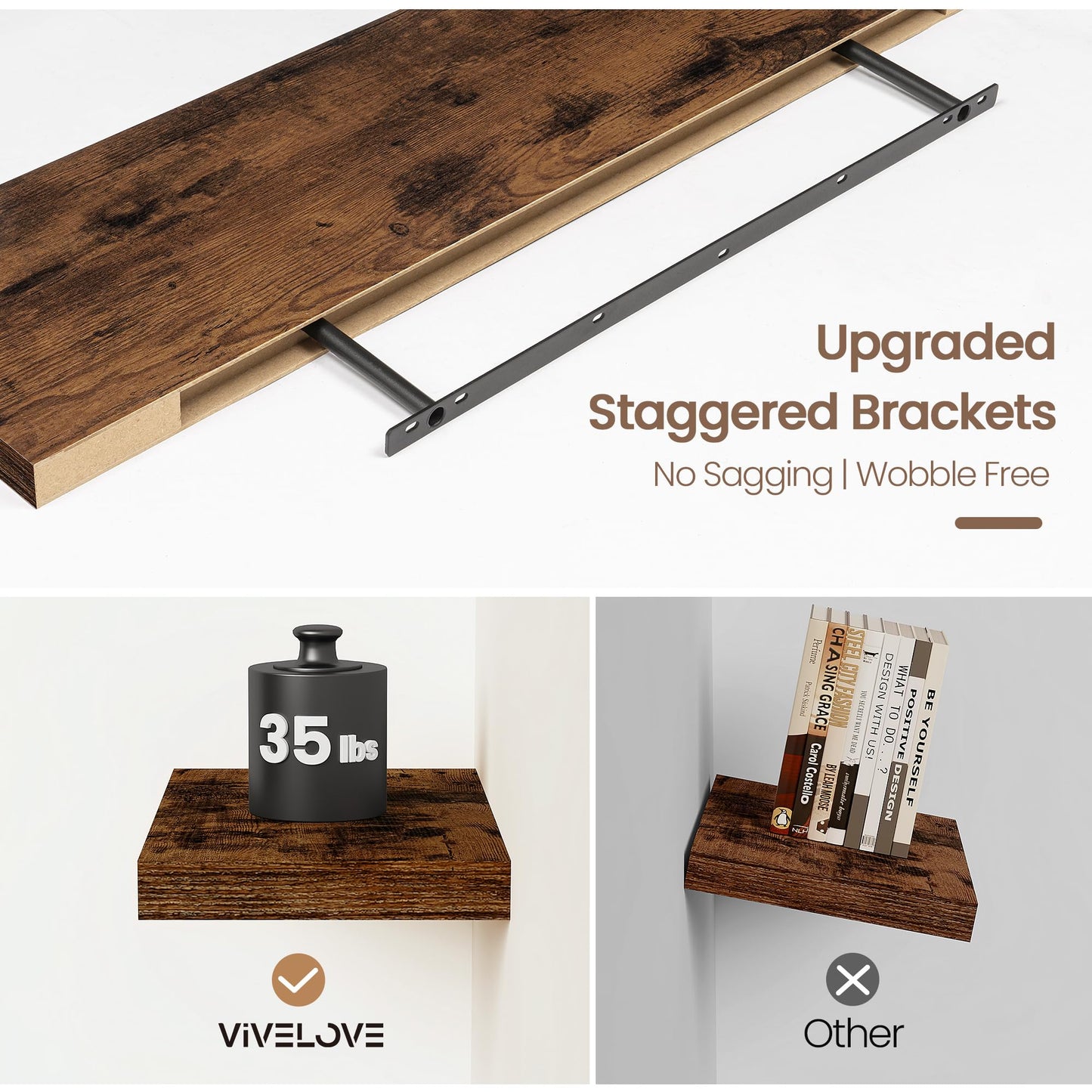 Vivelove Floating Shelves for Wall Mounted, 24 Inch Bathroom Shelves, Display Shelf for Living Room Kitchen Bedroom Office Farmhouse Home Decor, 24" X 9.3" X 1.5" - Set of 2, Rustic Brown