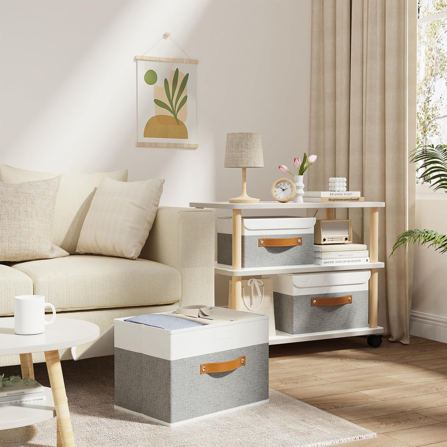 OUTBROS Large Foldable Storage Bins, Linen Fabric Box with Lid, Organiser for Shelves, Cubes For Towels, Clothes, 13 x 9.1 x 7.9 inch (White/Grey, 1-Pack)