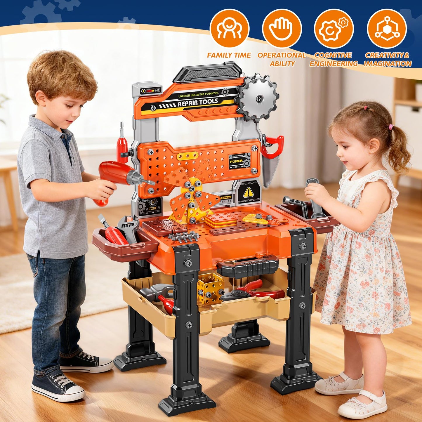 2-in-1 Kids Tool Bench Set, 152 Pcs Toddler Tool Toy Playset with Electric Drill & Realistic Tools, STEM Building Pretend Play Construction Toys for Boys, Toddlers Toys Gifts for Kids Ages 3 4 5 6 7