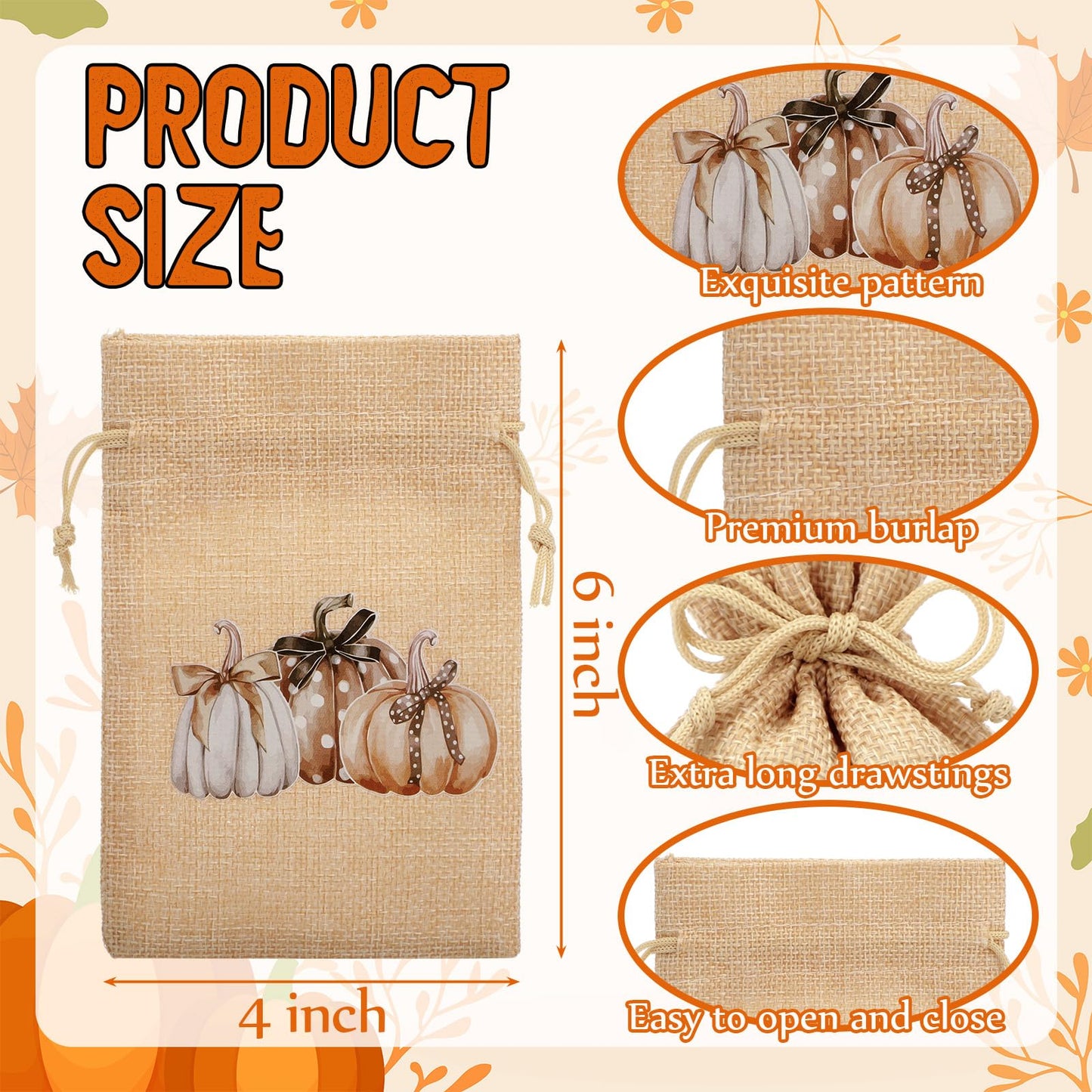 SATINIOR 50 Pcs Fall Thanksgiving Treat Bags Pumpkin Burlap Gift Goodie Bags with Double Jute Drawstrings Linen Candy Pouch 4 x 6'' for Autumn Harvest Holidays Party Favor