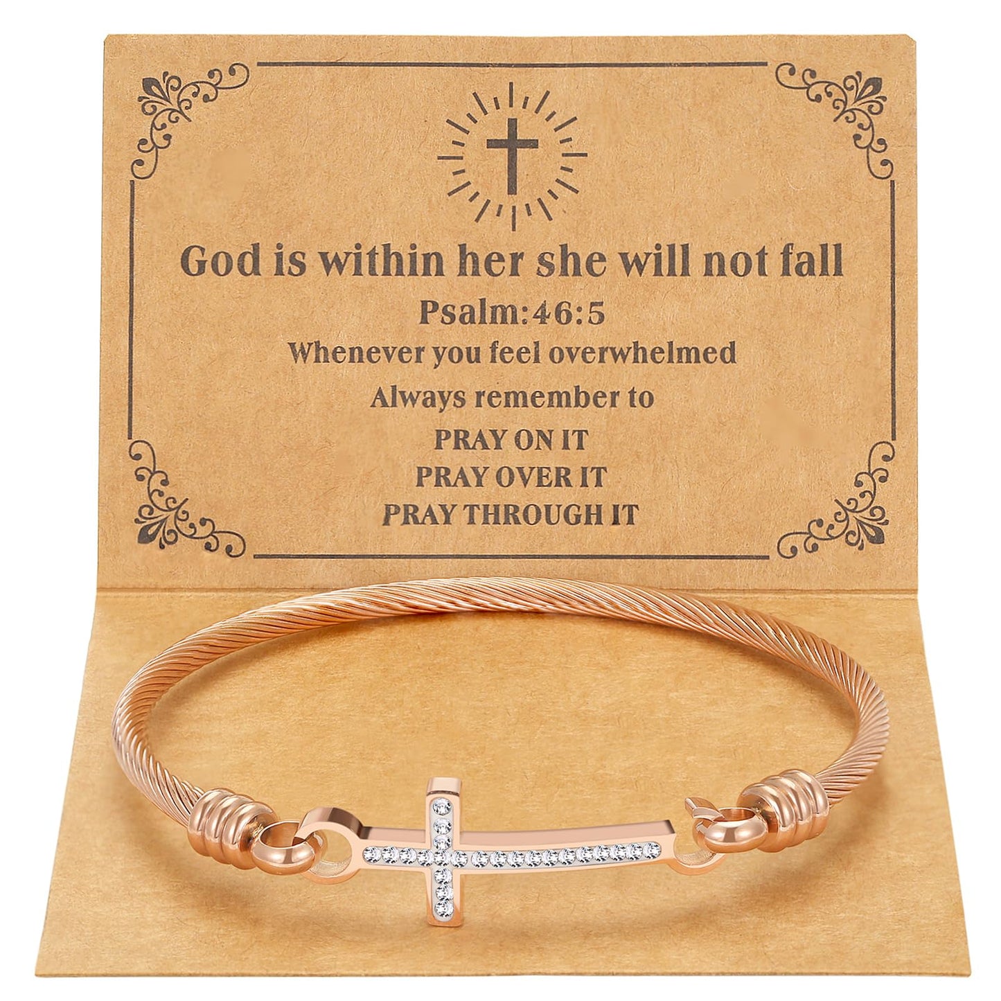 DS Religious Gift for Her Christian Cross Bracelet Bible Verse God is Within Her She Will Not Fall Inspirational Bracelets For Women Stainless Steel Jewelry Gift To Daughter Best Friend (Cross bracelet-Rose Gold 1)