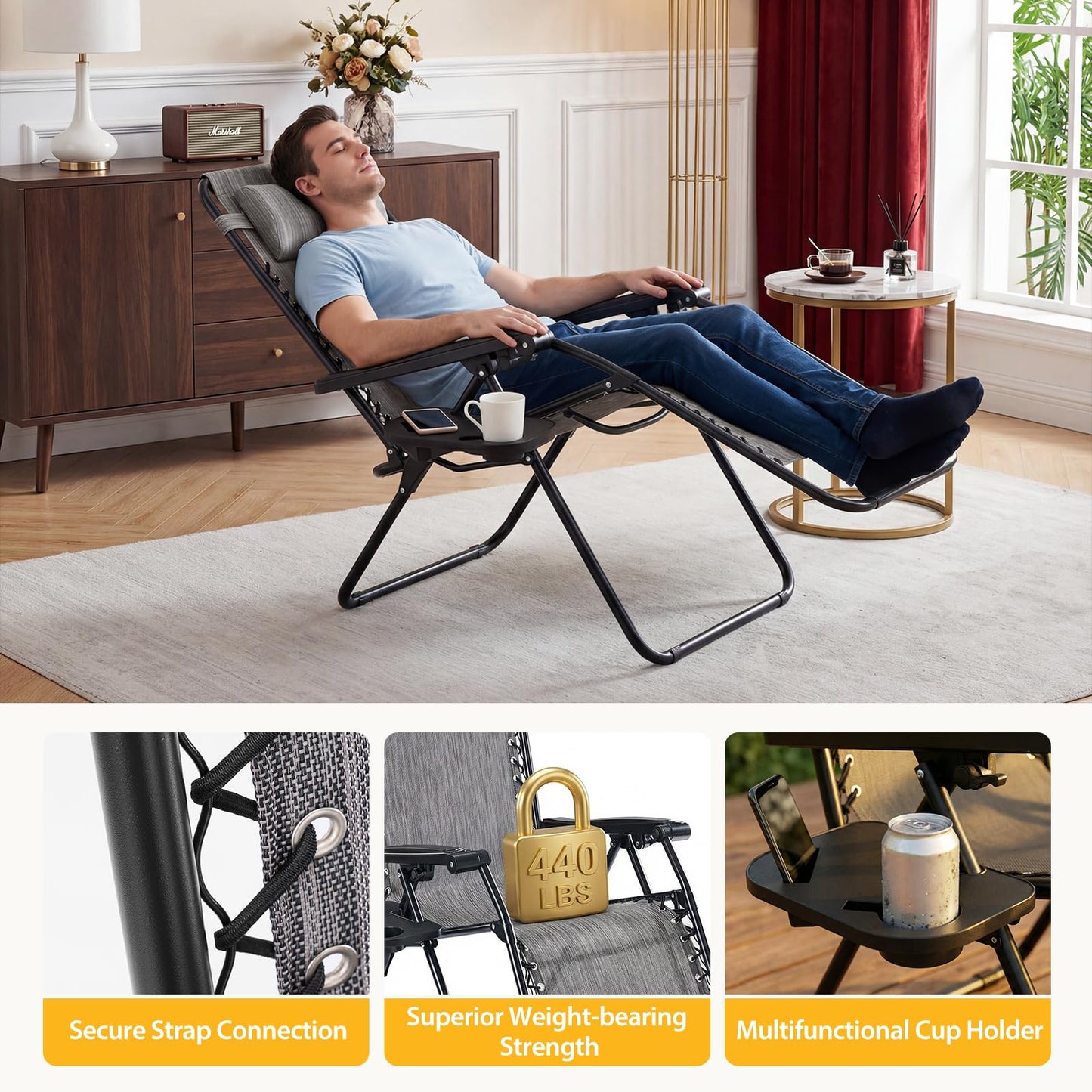 NEWBULIG Zero Gravity Chair Set of 2, Lounge Chair Folding Portable Adjustable Camping Reclining Chairs with Adjustable Pollow, Mesh Back, Cup Holder Trays Lawn Patio Chair for Pool Beach - Grey