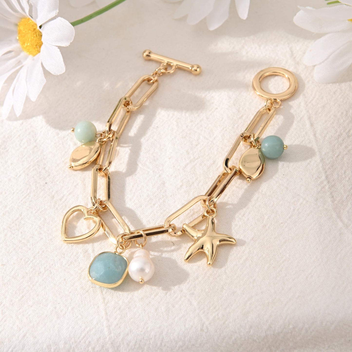 Ginyejly 14K Gold and Silver Plated Special Cain Link with Toggle Clasp Closure in Daily or Party for Women Fashion Jewelry Gifts (amazonite)