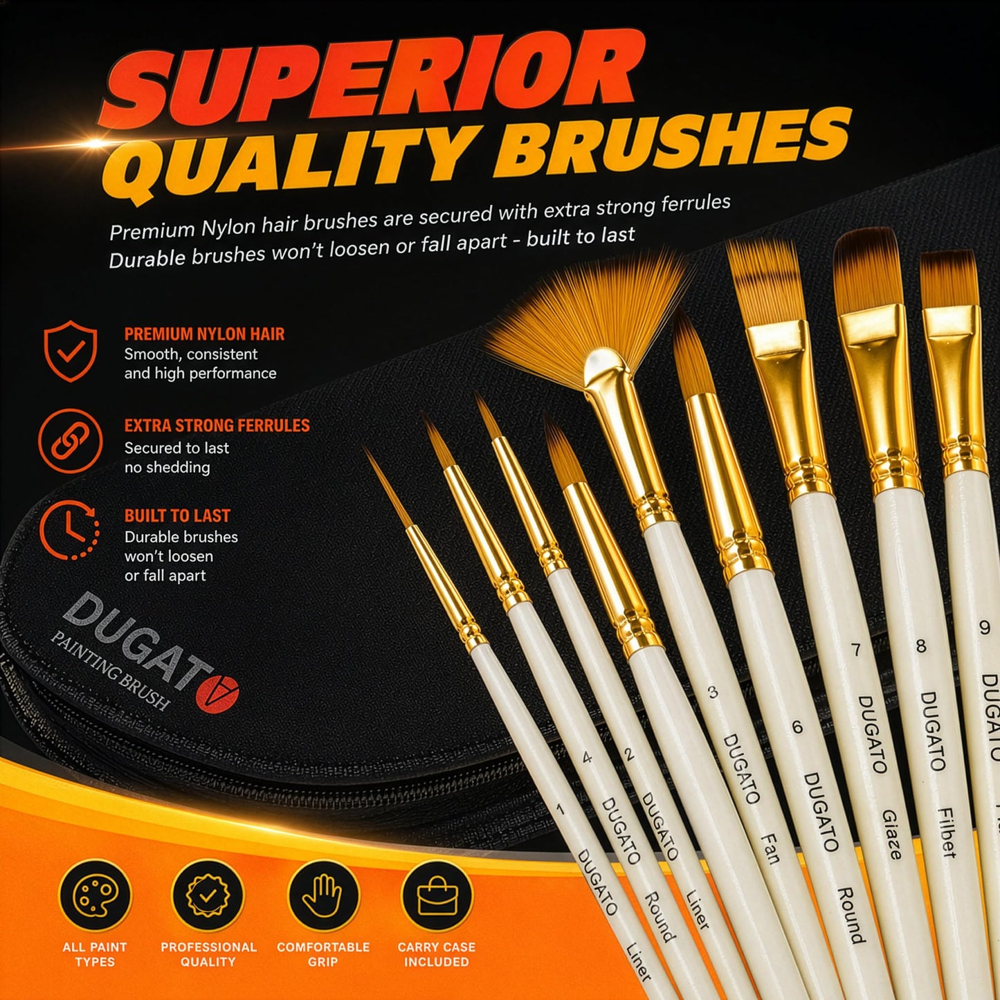 DUGATO 15pc Artist Paint Brush Set with Pop-Up Case, Palette Knife & Sponges - Nylon Hair for Acrylic, Oil, Watercolor, Gouache, Model & Craft Painting