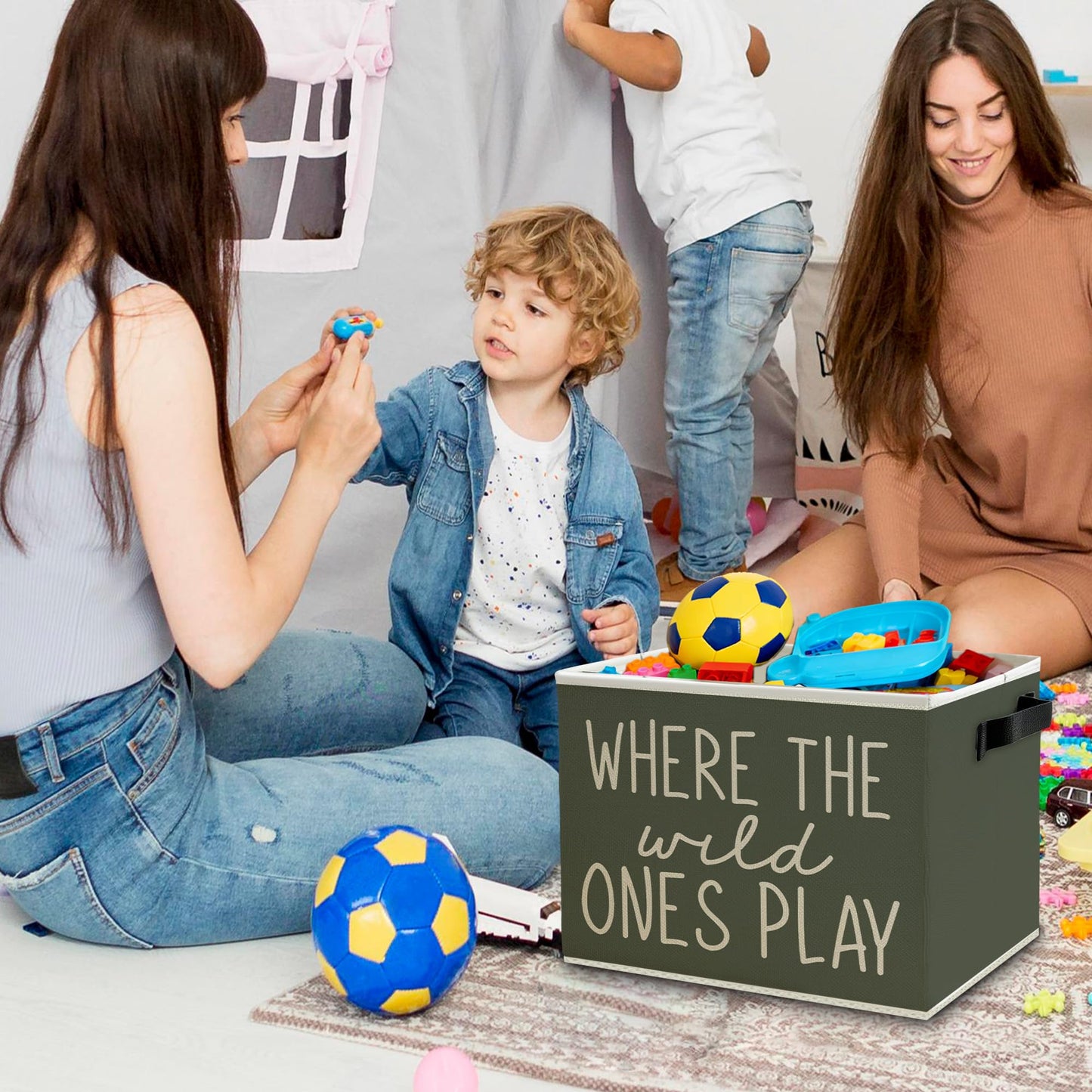 WULQYING Olive Green Boho Classroom Storage Bins Box with Handles, Where the Wild Ones Play Collapsible Basket Organizer for Kids Playroom Nursery Bedroom Bathroom Toys Books Clothes