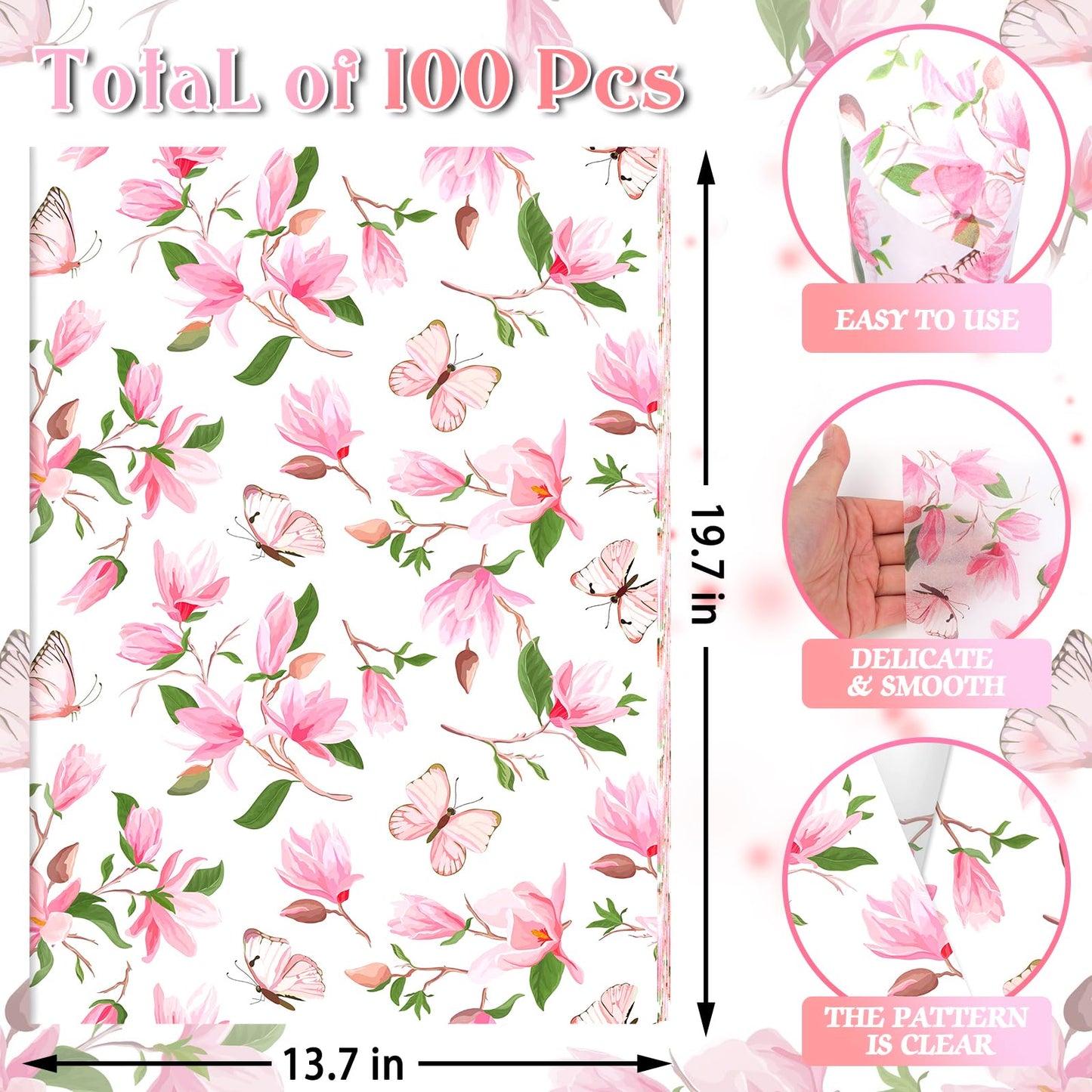 100 Sheets Watercolor Magnolia Butterfly Tissue Paper, 20 x 14in Magnolia Blossom Printed Art Craft Tissue Paper for Mother's Day Wedding Birthday Bridal Shower Party Supplies