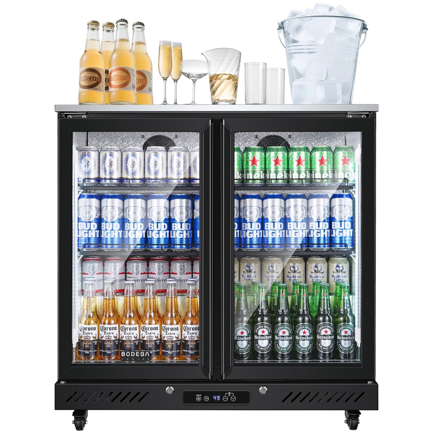 BODEGACOOLER Back Bar Cooler with 2 Glass Doors,7.7 Cu.ft Commercial Back Bar Beverage Refrigerator Counter Height,LED Lighting for Soda Drinks,Beer,Wine Stainless Steel Top,DOE Approved,4 Casters