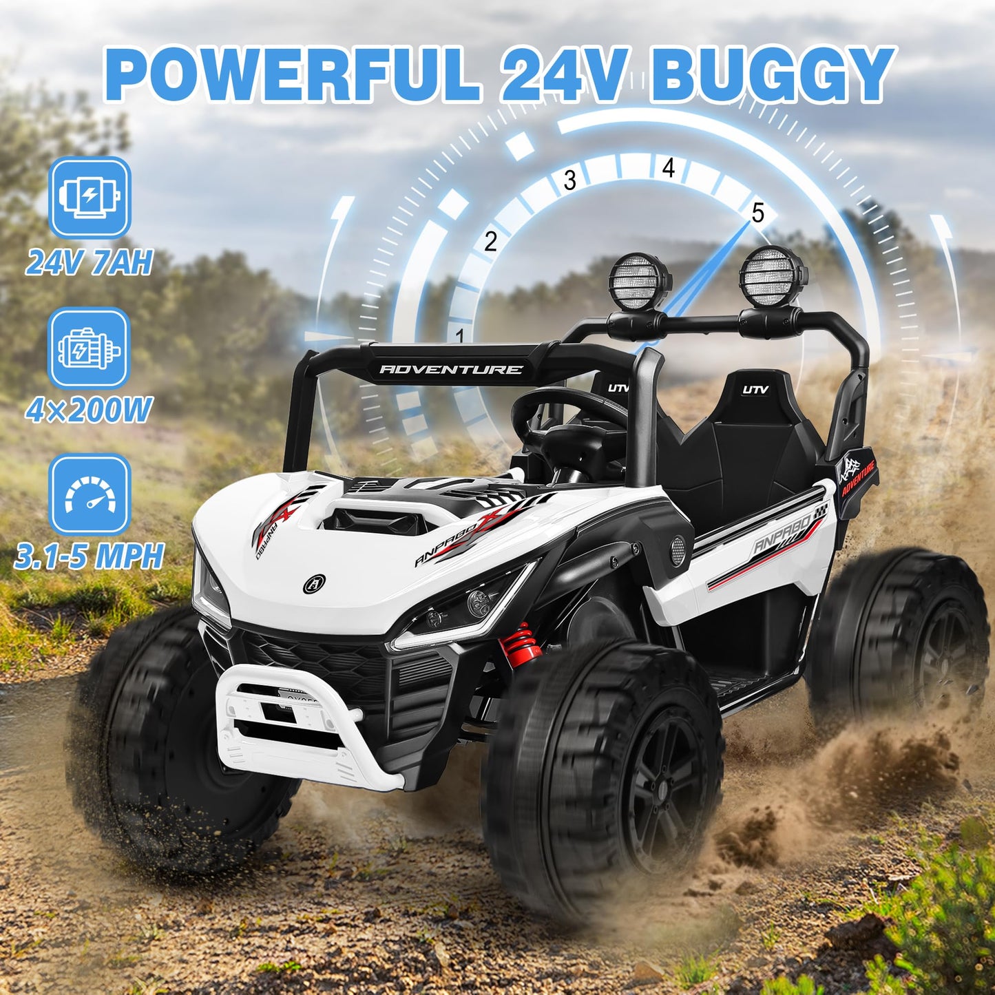 ANPABO 24V Ride On Toys for Big Kids, 2 Seater Ride on Car, 4x200W Kids Electric Car w/Remote, Rainbow Lights, Max 5.1Mph, Shock-Absorbing Springs, Storage, Bluetooth, Gifts for Aged 3-12, White