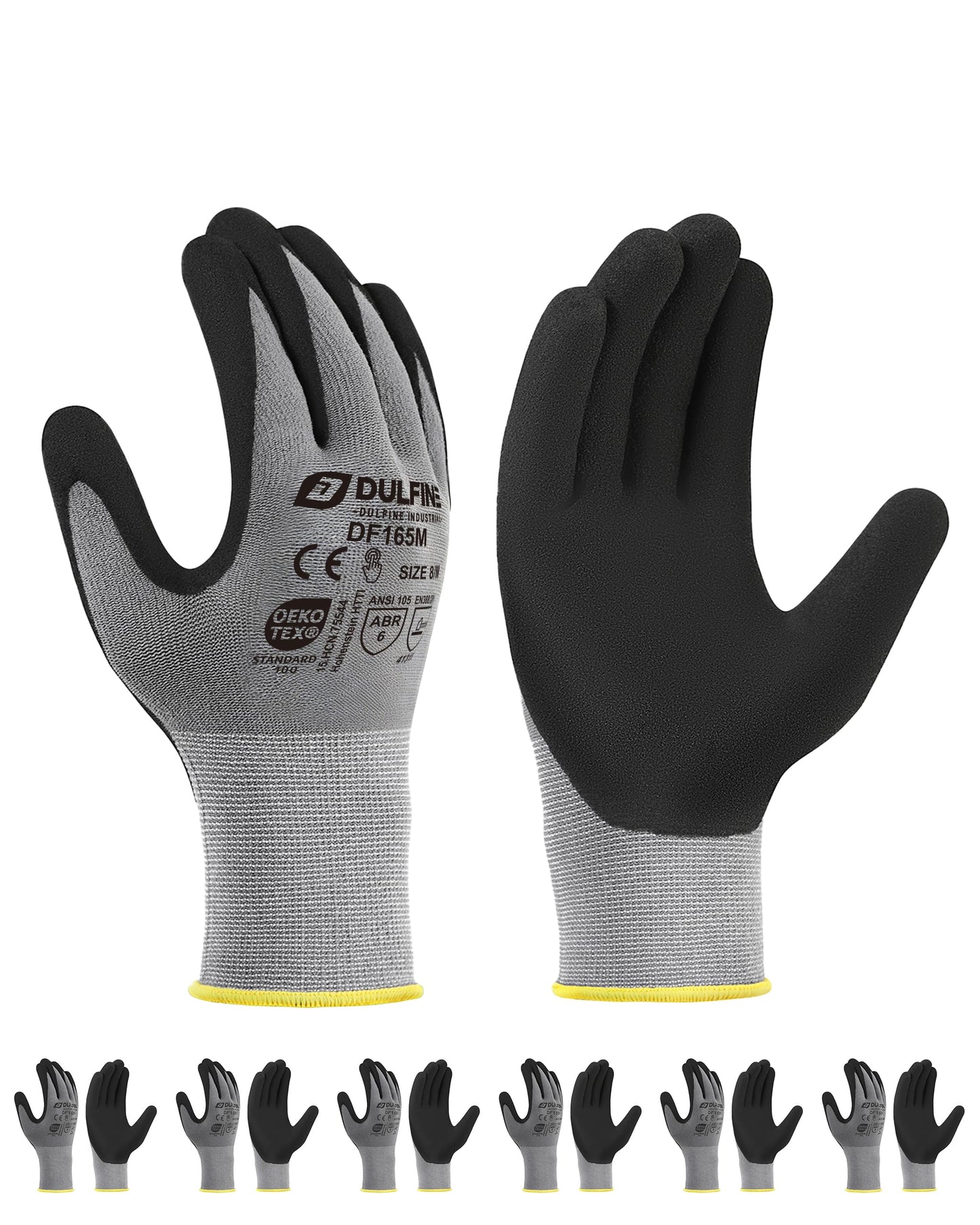 DULFINE Work Gloves for Men and Women,Grey Knit Nylon Glove with Touchscreen MicroFoam Nitrile Coated-6 Pairs Pack,Ideal for General Purpose,Automotive,Home Improvement,Painting(Small)