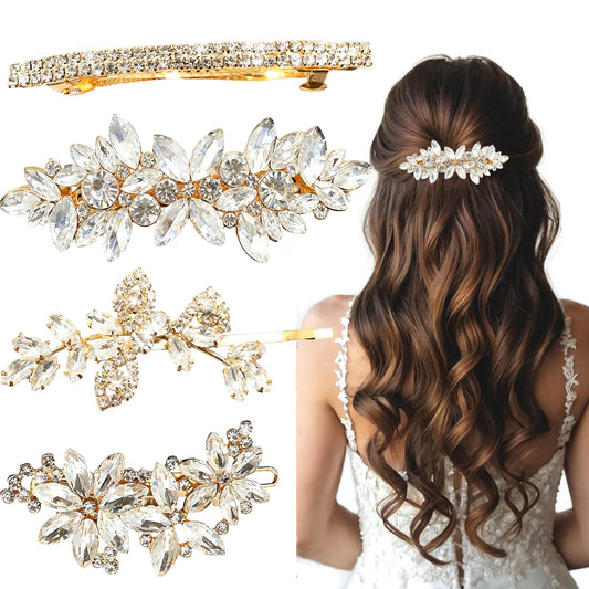 4 Pcs Rhinestone Hair Clips for Women Hair Barrettes Gold Hair Accessories Bridal for Wedding Party Everyday