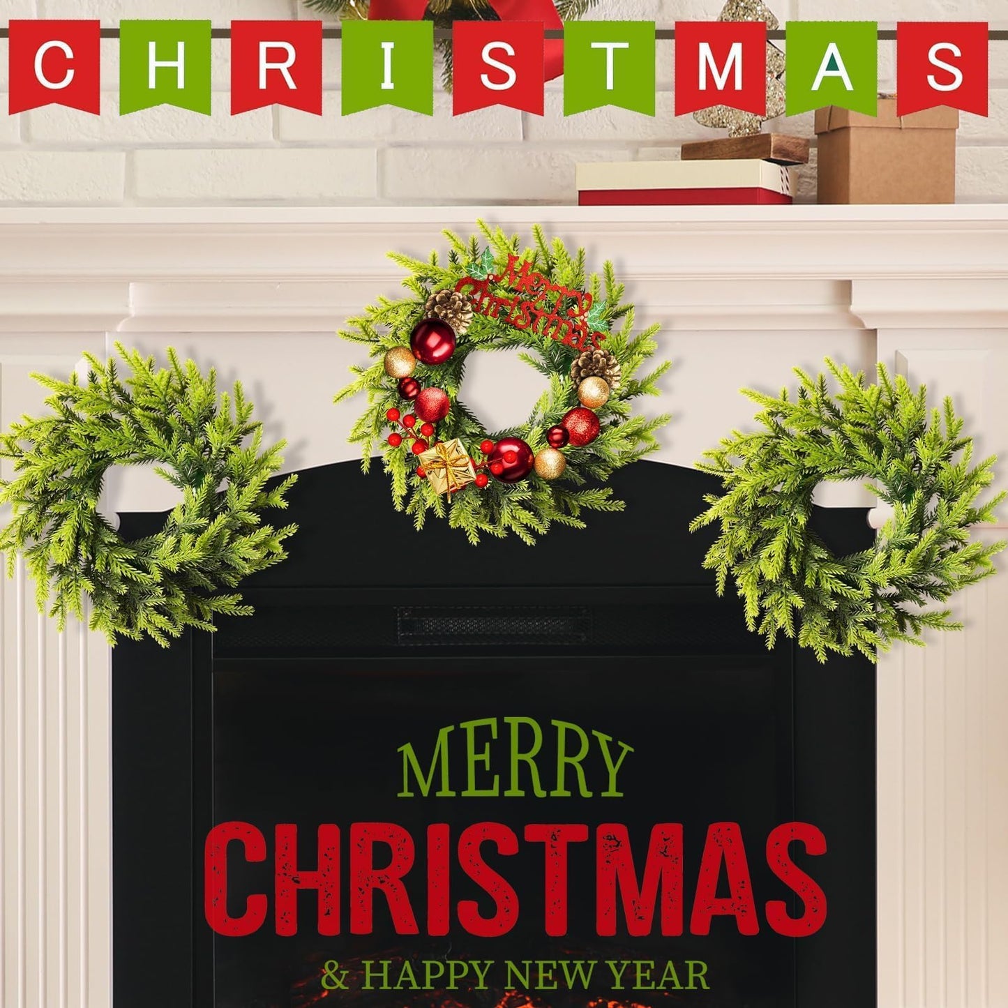 8 Pcs Christmas DIY Gree Wreath 10 Inch Green Artificial Wreaths DIY Faux Plain Wreaths Front Door Green Farmhouse Cabinets Wreath Indoor Outdoor Wall Decor(Pine Needle)