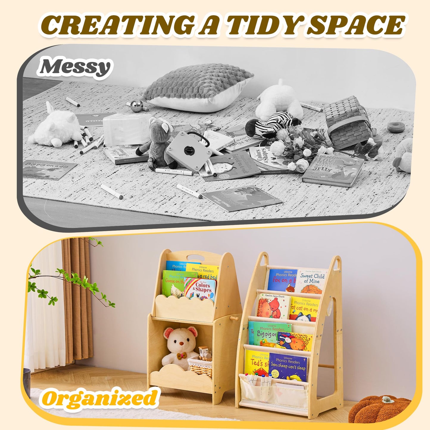 JooKiddie Kids Bookshelf and Toy Storage, 5-Tier Sling Toddler Bookshelf, 3Pcs Modular Wooden Book and Toy Storage Organizer, Children Bookcase for Kids Room Playroom Nursery