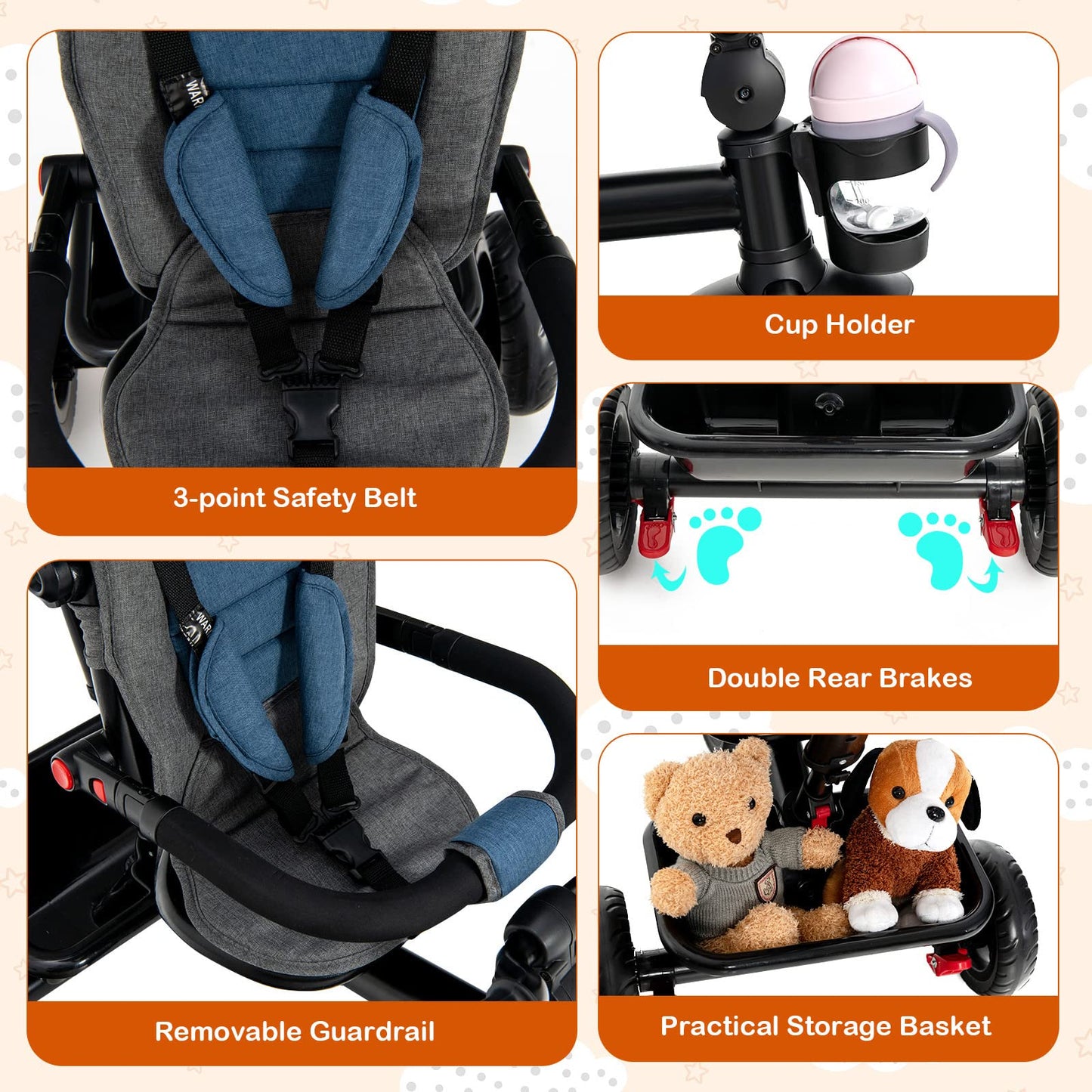 GLACER Tricycle, 5 in 1 Toddler Bike with Adjustable Push Handle, Removable Canopy, Reversible Seat, Safety Harness, EVA Wheels, Cup Holder & Storage Basket, Baby Tricycle for Age 1.5-5 Years (Blue)