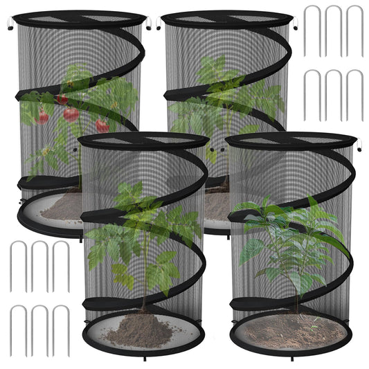 4 Pack Pop up Plant Guard Covers Tent from Animals Black, 19.6" x 11.8" Foldable Plant Protectors Mesh Net, Garden Plant Enclosure Protection Cage with Stakes & Carry Bag for Outdoor Plants