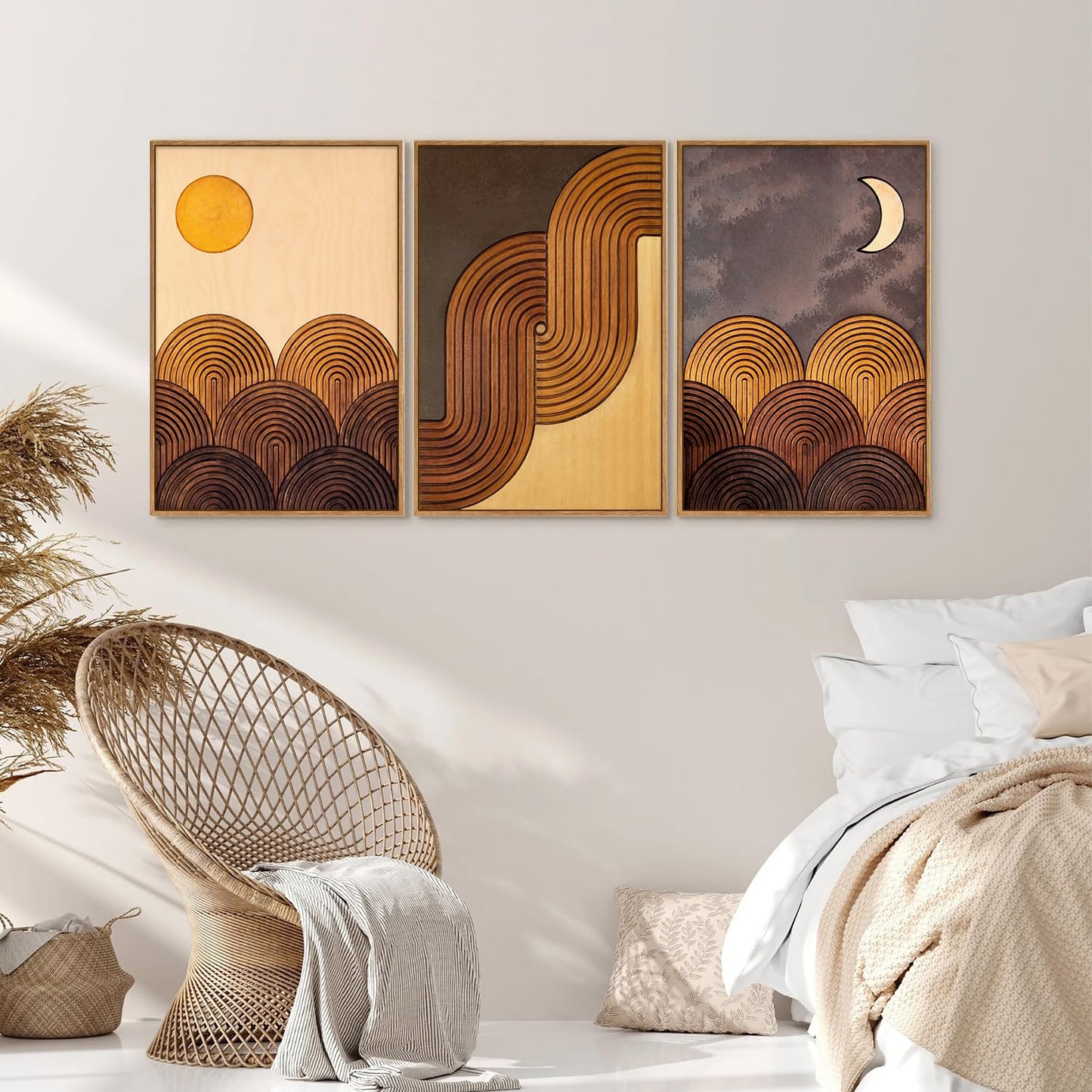 Tinonedraw Mid Century Modern Framed Canvas Wall Art Set, Boho Minimalist Geometric Arch Wall Decor, Bohemian Sun and Moon Art Paintings, Beige Brown Wooden Artwork for Living Room Bedroom 16"x24"x3